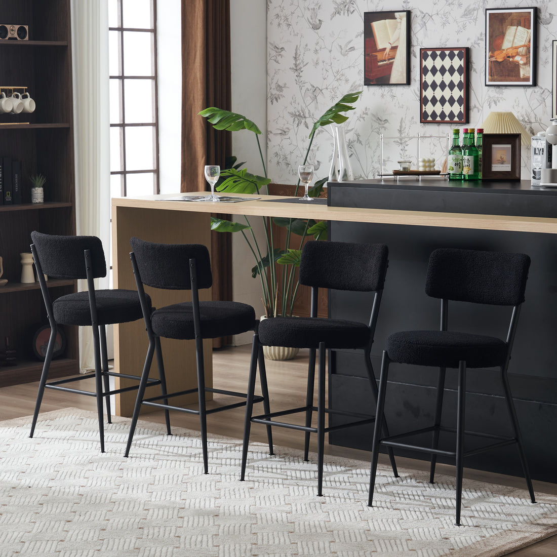 Set Of 4 Modern Teddy Fabric Upholstered Bar Stools Metal Base High Stool Suitable For Kitchen, Dining And Living Room Black Stylish And Comfortable Island Seating Black Metal
