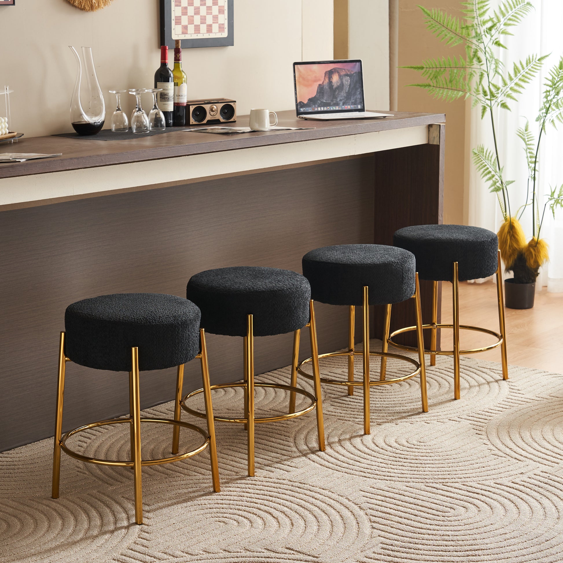 24" Tall, Round Bar Stools, Set Of 2 Contemporary Upholstered Dining Stools For Kitchens, Coffee Shops And Bar Stores Includes Sturdy Hardware Support Legs Black Foam