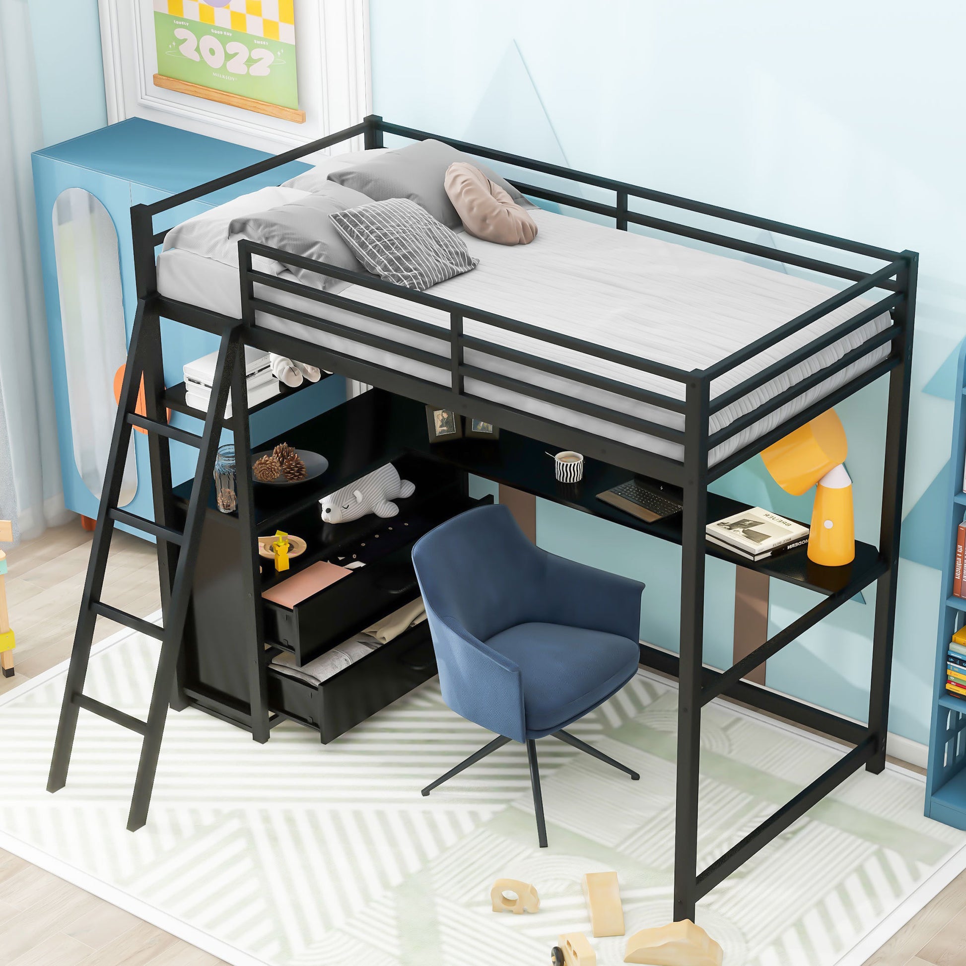Twin Size Metal&Wood Loft Bed With Desk And Shelves, Two Built In Drawers, Black Black Metal & Wood