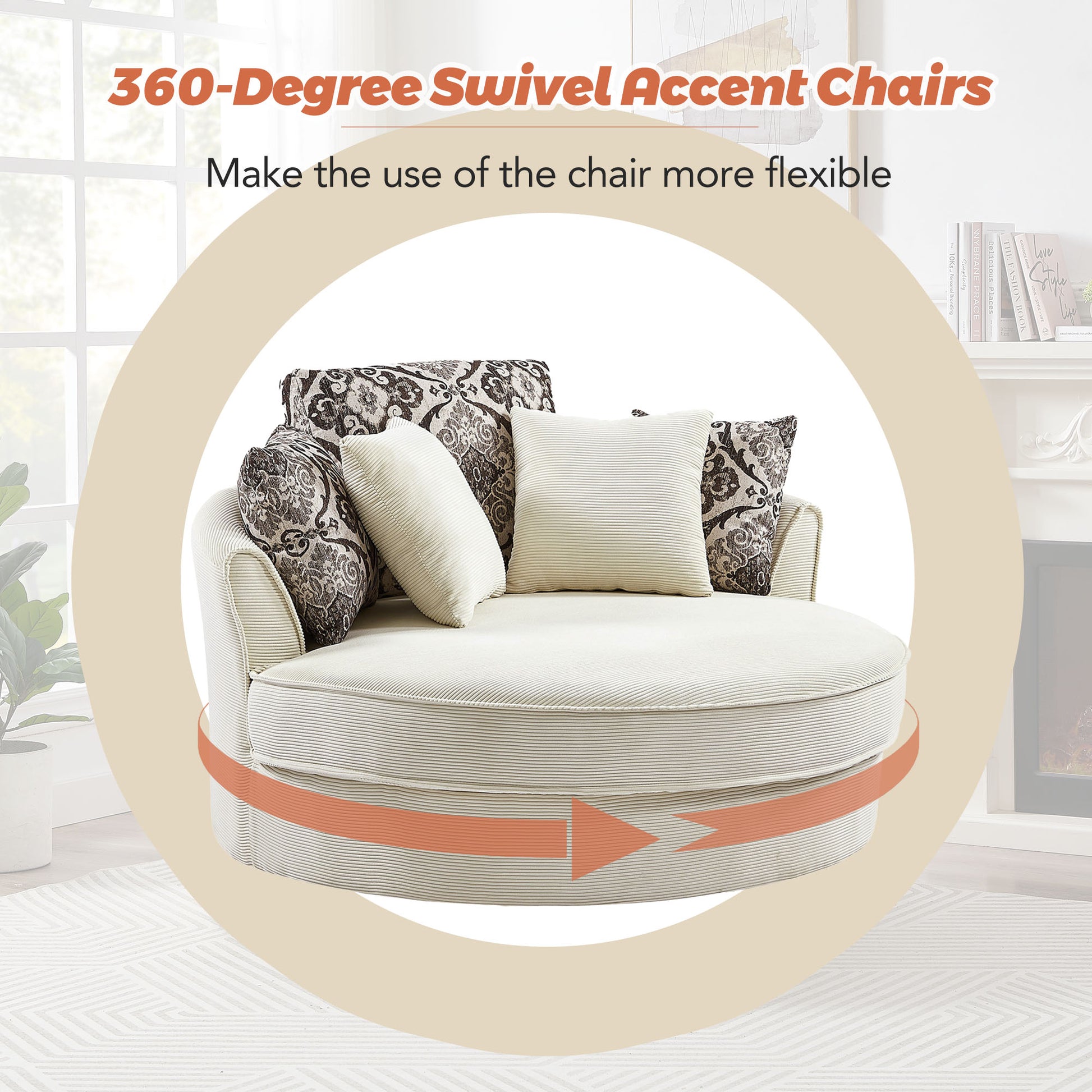 Swivel Accent Barrel Chair With 5 Movable Pillow 360 Degree Swivel Round Sofa Chair For Living Room,Bedroom, Hotel, Beige Beige Foam Corduroy