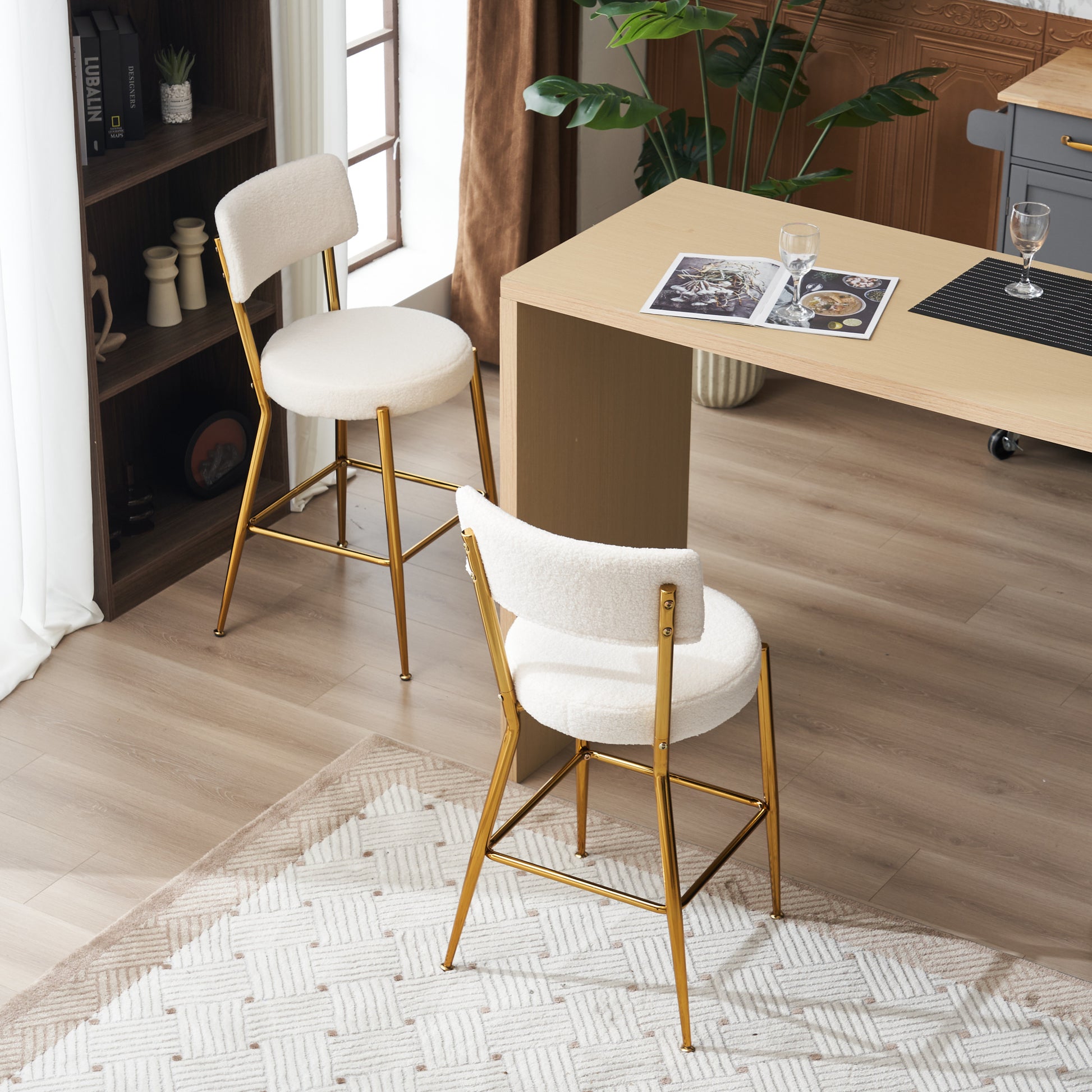 Set Of 2 Modern Teddy Fabric Upholstered Bar Stools Metal Base High Stool Suitable For Kitchen, Dining And Living Room Beige Stylish And Comfortable Island Seating Beige Metal