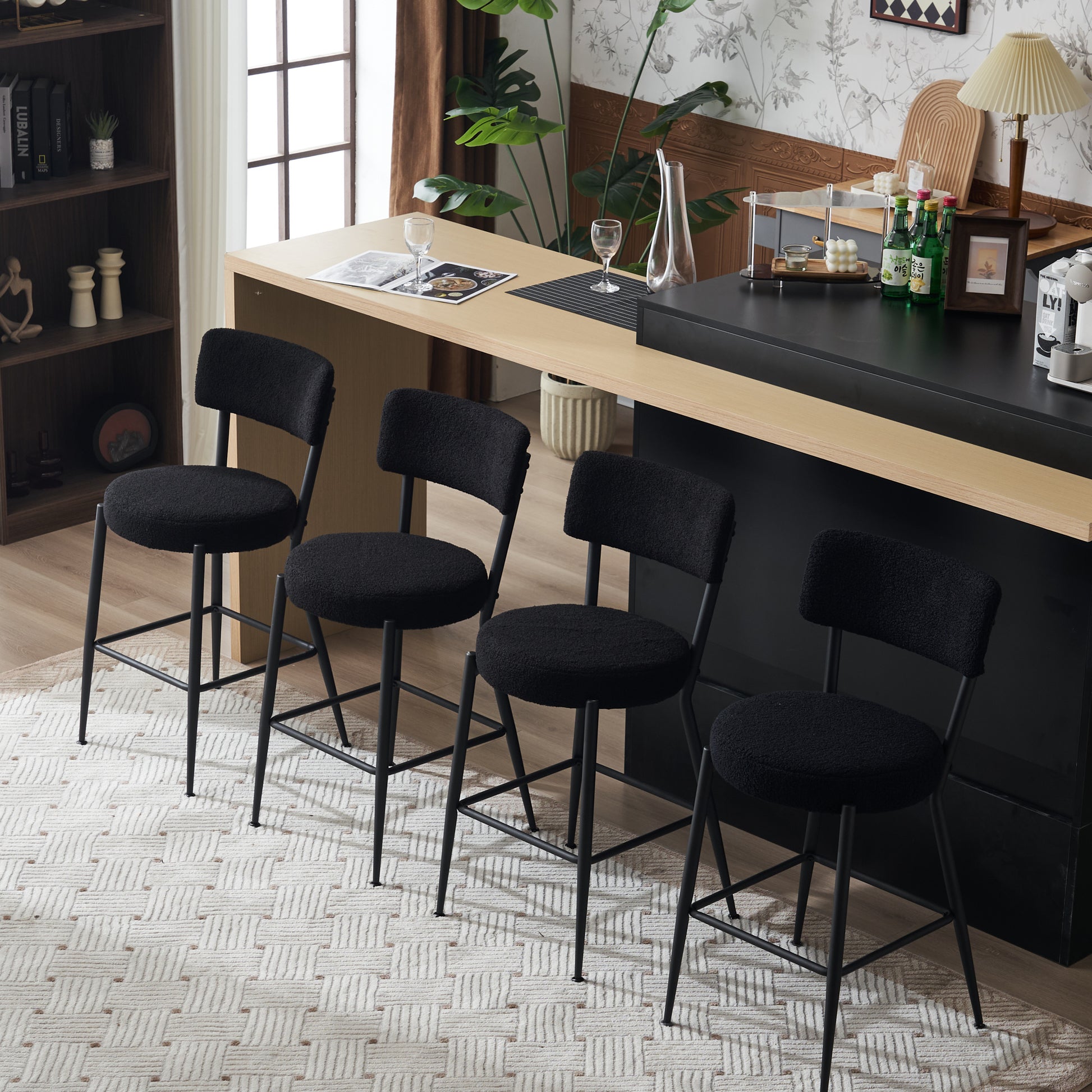 Set Of 4 Modern Teddy Fabric Upholstered Bar Stools Metal Base High Stool Suitable For Kitchen, Dining And Living Room Black Stylish And Comfortable Island Seating Black Metal
