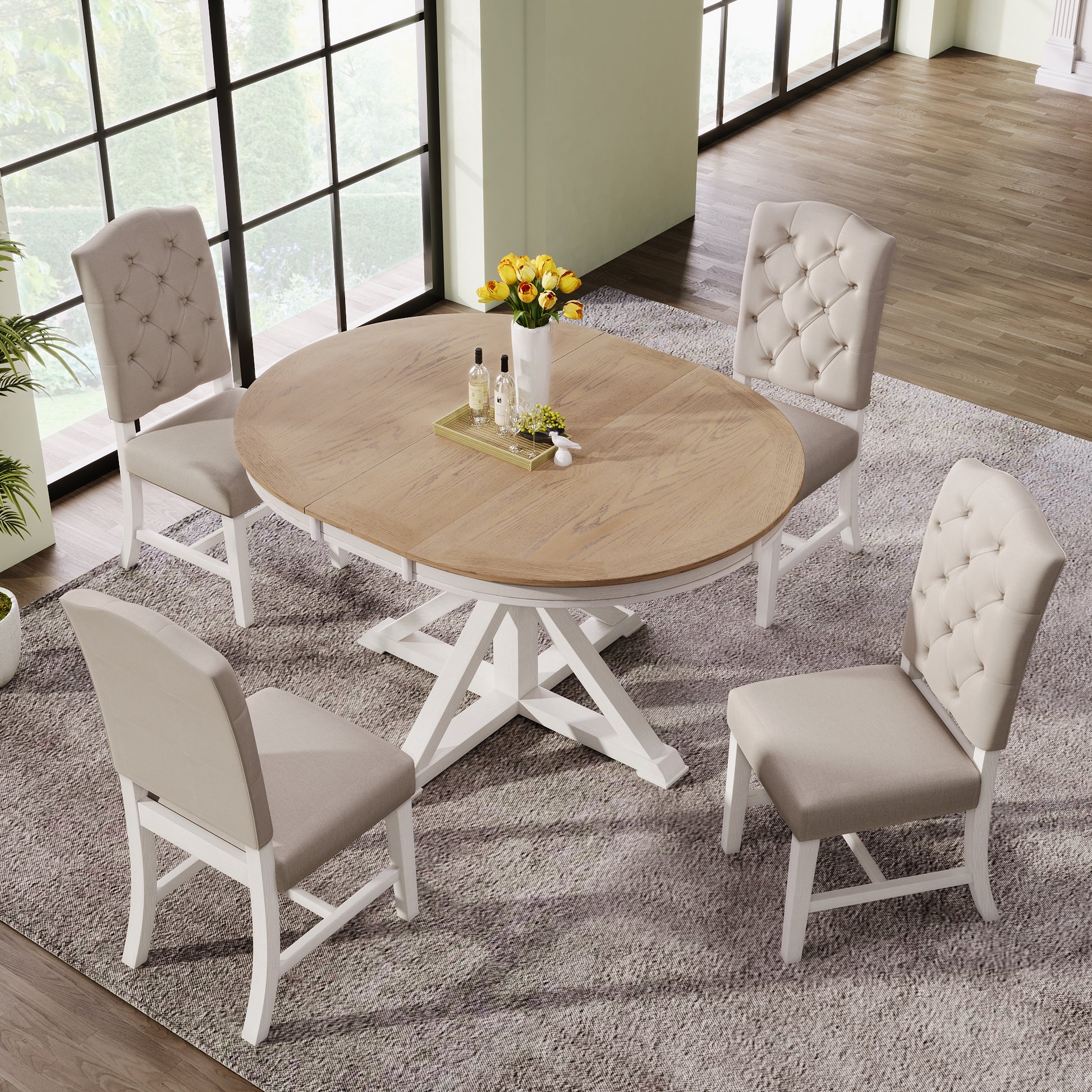 Functional Furniture Retro Style Dining Table Set With Extendable Table And 4 Upholstered Chairs For Dining Room And Living Room Oak Natural Wood Off White Oak Natural Wood Off White Solid Wood