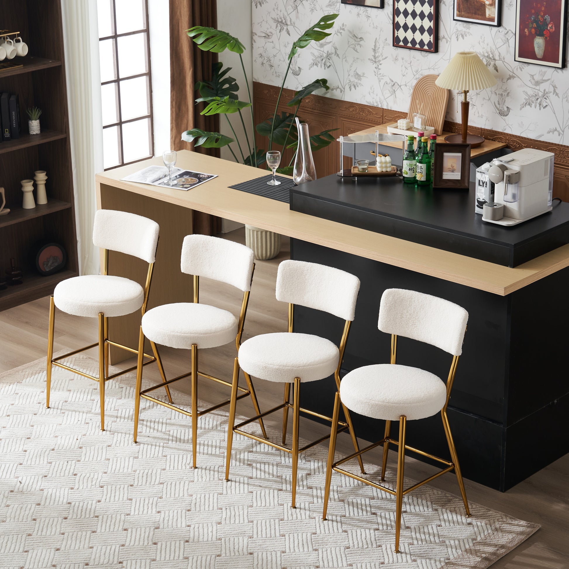 Set Of 2 Modern Teddy Fabric Upholstered Bar Stools Metal Base High Stool Suitable For Kitchen, Dining And Living Room Beige Stylish And Comfortable Island Seating Beige Metal