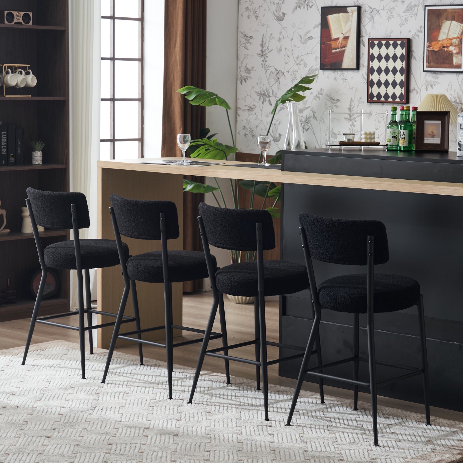 Set Of 4 Modern Teddy Fabric Upholstered Bar Stools Metal Base High Stool Suitable For Kitchen, Dining And Living Room Black Stylish And Comfortable Island Seating Black Metal