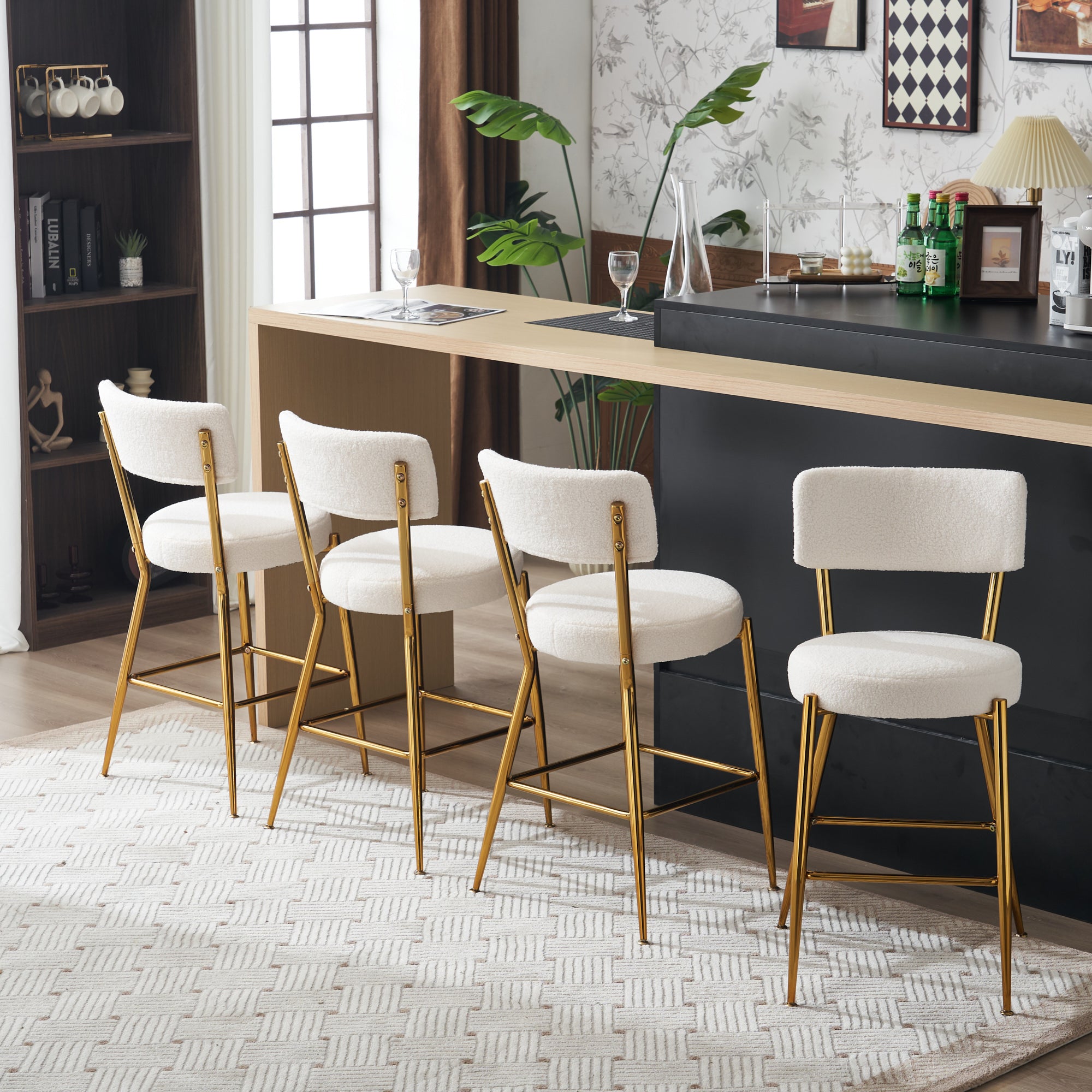 Set Of 2 Modern Teddy Fabric Upholstered Bar Stools Metal Base High Stool Suitable For Kitchen, Dining And Living Room Beige Stylish And Comfortable Island Seating Beige Metal