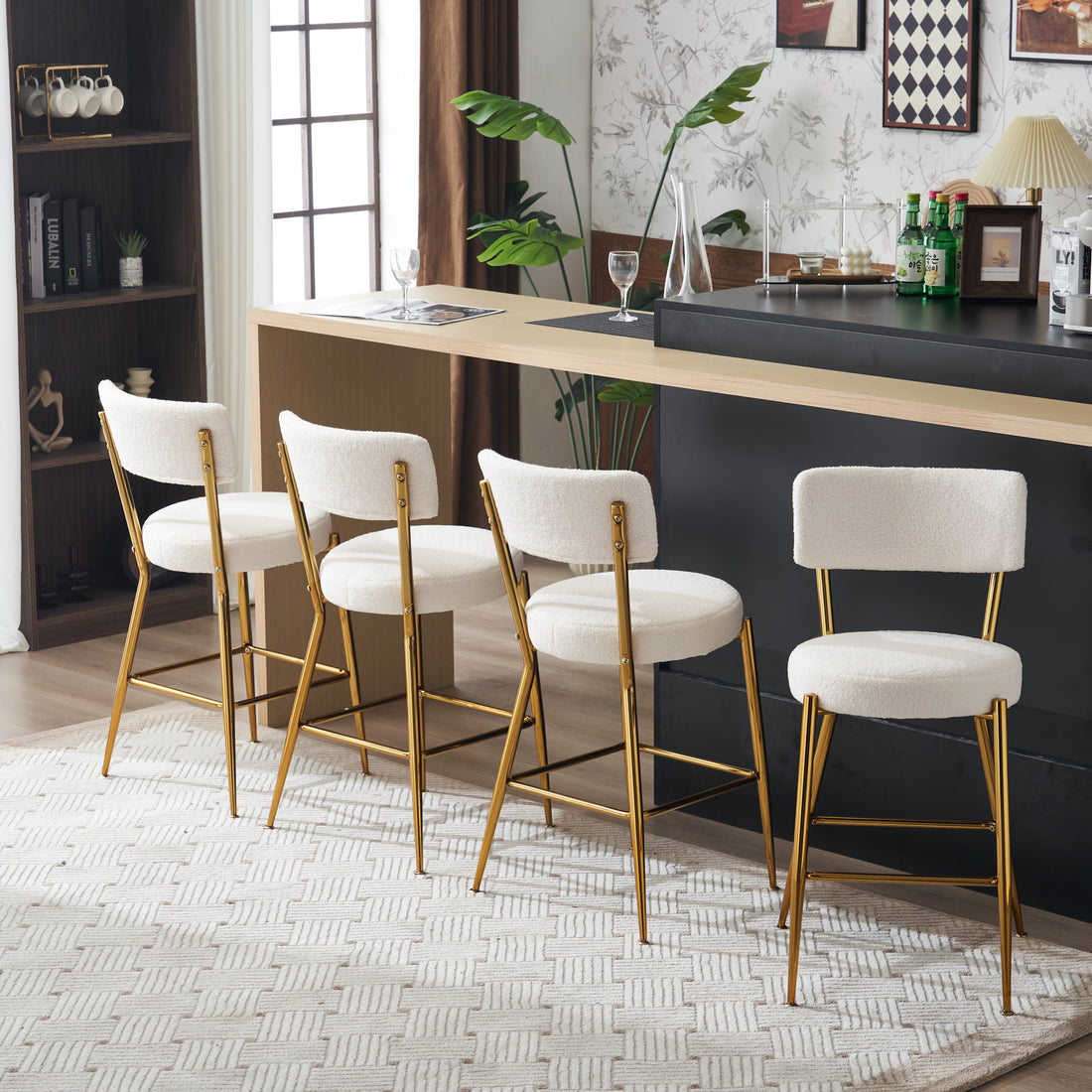 Set Of 2 Modern Teddy Fabric Upholstered Bar Stools Metal Base High Stool Suitable For Kitchen, Dining And Living Room Beige Stylish And Comfortable Island Seating Beige Metal