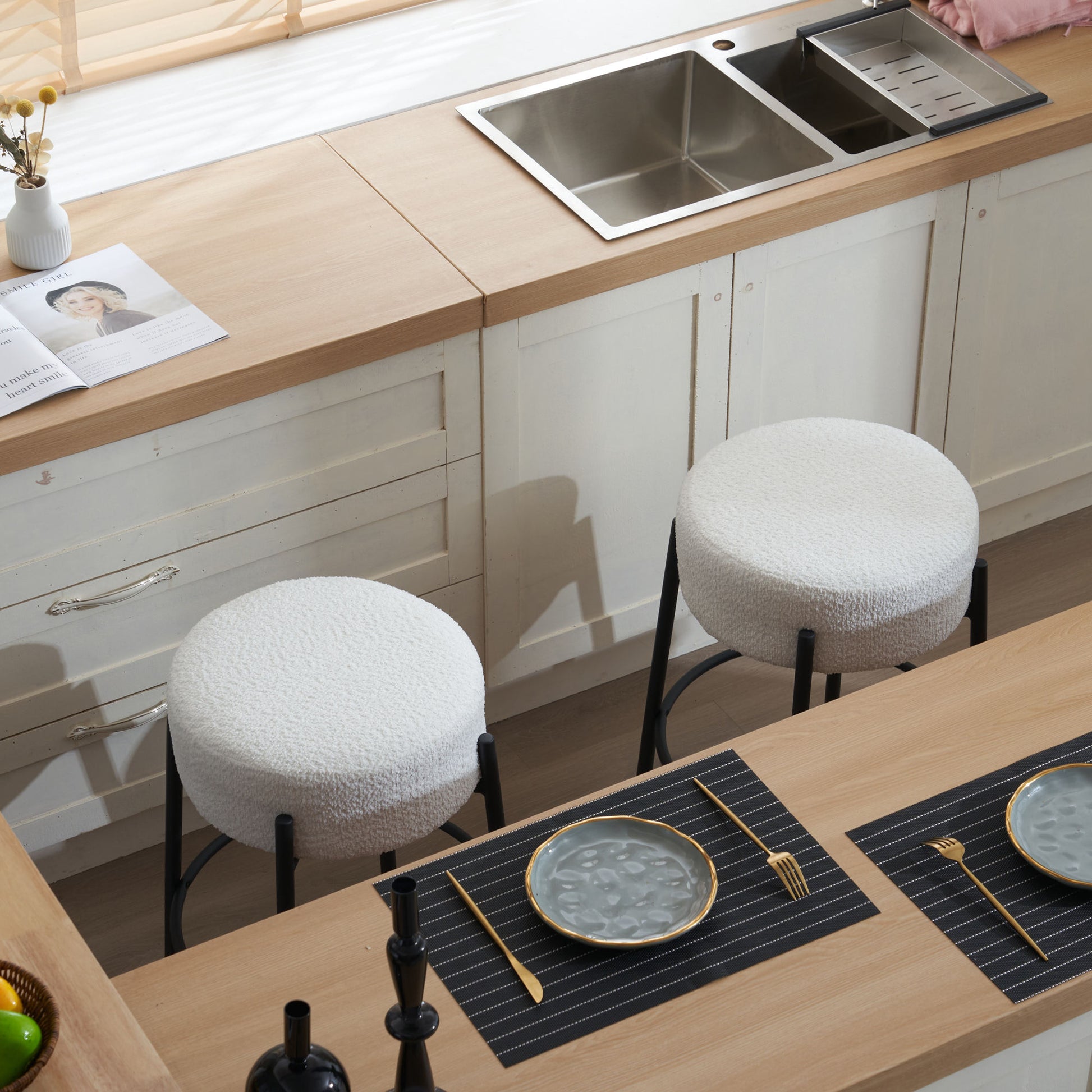 24" Tall, Round Bar Stools, Set Of 2 Contemporary Upholstered Dining Stools For Kitchens, Coffee Shops And Bar Stores Includes Sturdy Hardware Support Legs Beige Foam