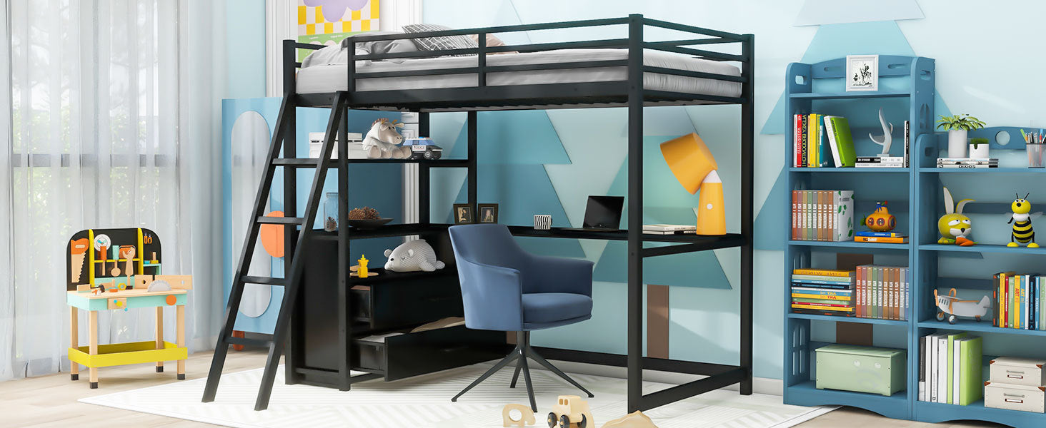 Twin Size Metal&Wood Loft Bed With Desk And Shelves, Two Built In Drawers, Black Black Metal & Wood