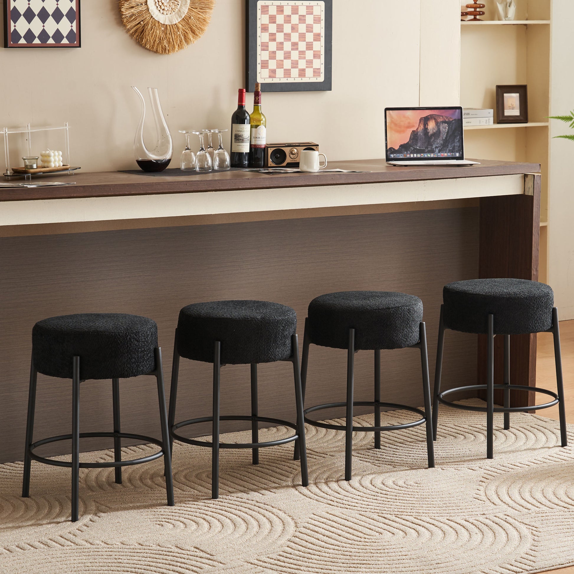 24" Tall, Round Bar Stools, Set Of 2 Contemporary Upholstered Dining Stools For Kitchens, Coffee Shops And Bar Stores Includes Sturdy Hardware Support Legs Black Foam