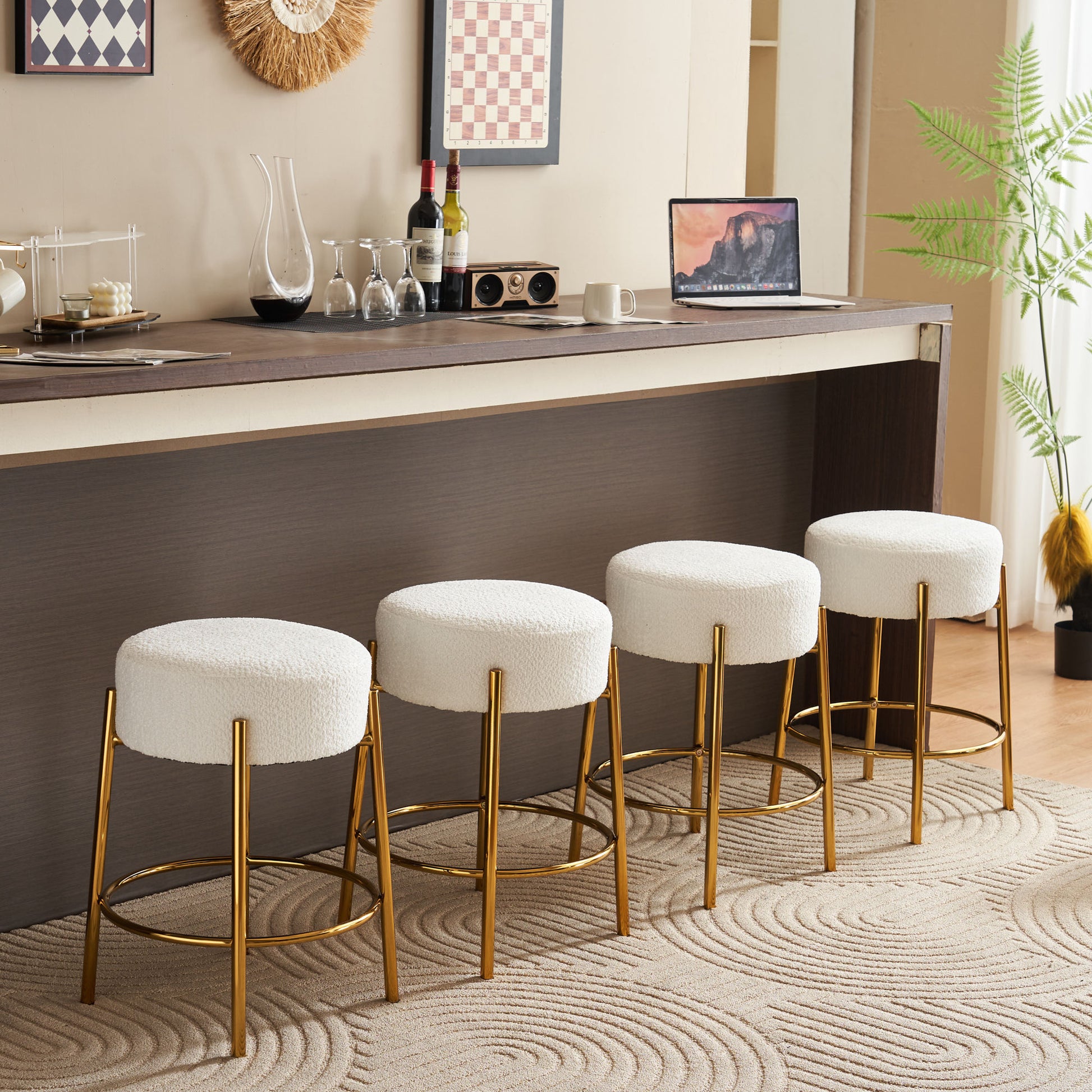 24" Tall, Round Bar Stools, Set Of 2 Contemporary Upholstered Dining Stools For Kitchens, Coffee Shops And Bar Stores Includes Sturdy Hardware Support Legs Beige Foam