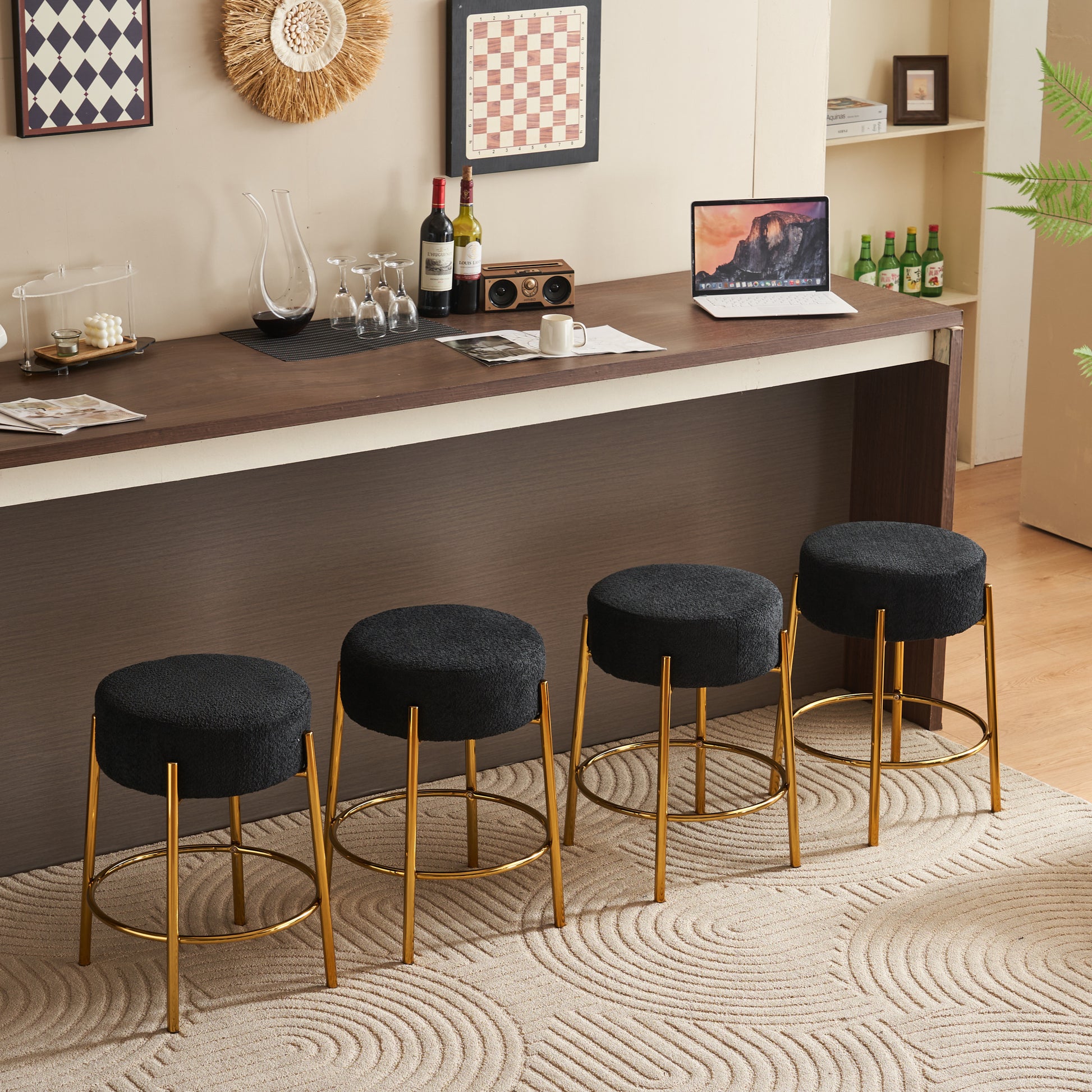 24" Tall, Round Bar Stools, Set Of 2 Contemporary Upholstered Dining Stools For Kitchens, Coffee Shops And Bar Stores Includes Sturdy Hardware Support Legs Black Foam