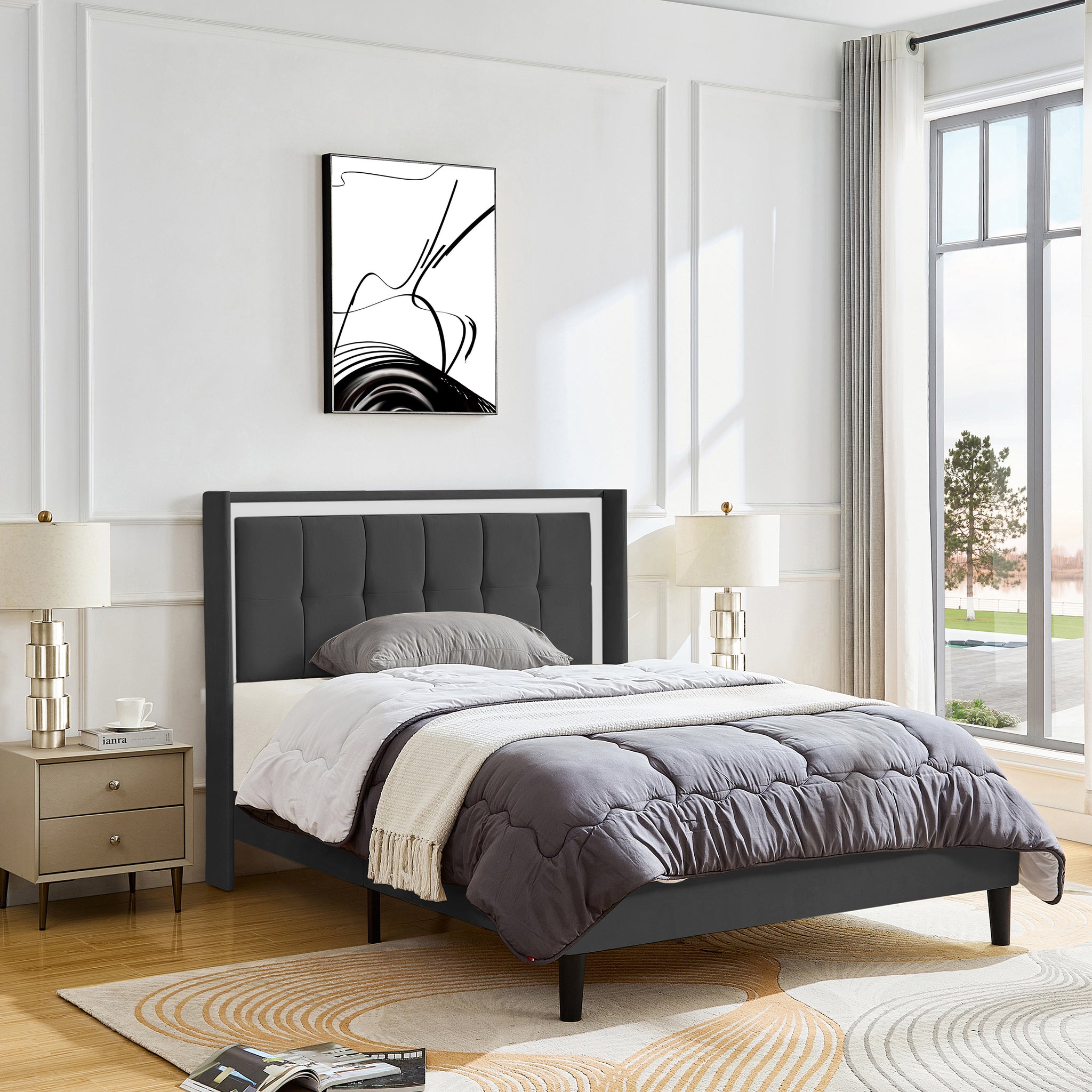 Queen Size Upholstered Platform Bed Frame With Headboard And Sturdy Wooden Slats, High Load Bearing Capacity, Non Slip And Noiseless, No Springs Required, Easy To Assemble, Dark Gray Bed Dark Grey Metal & Wood