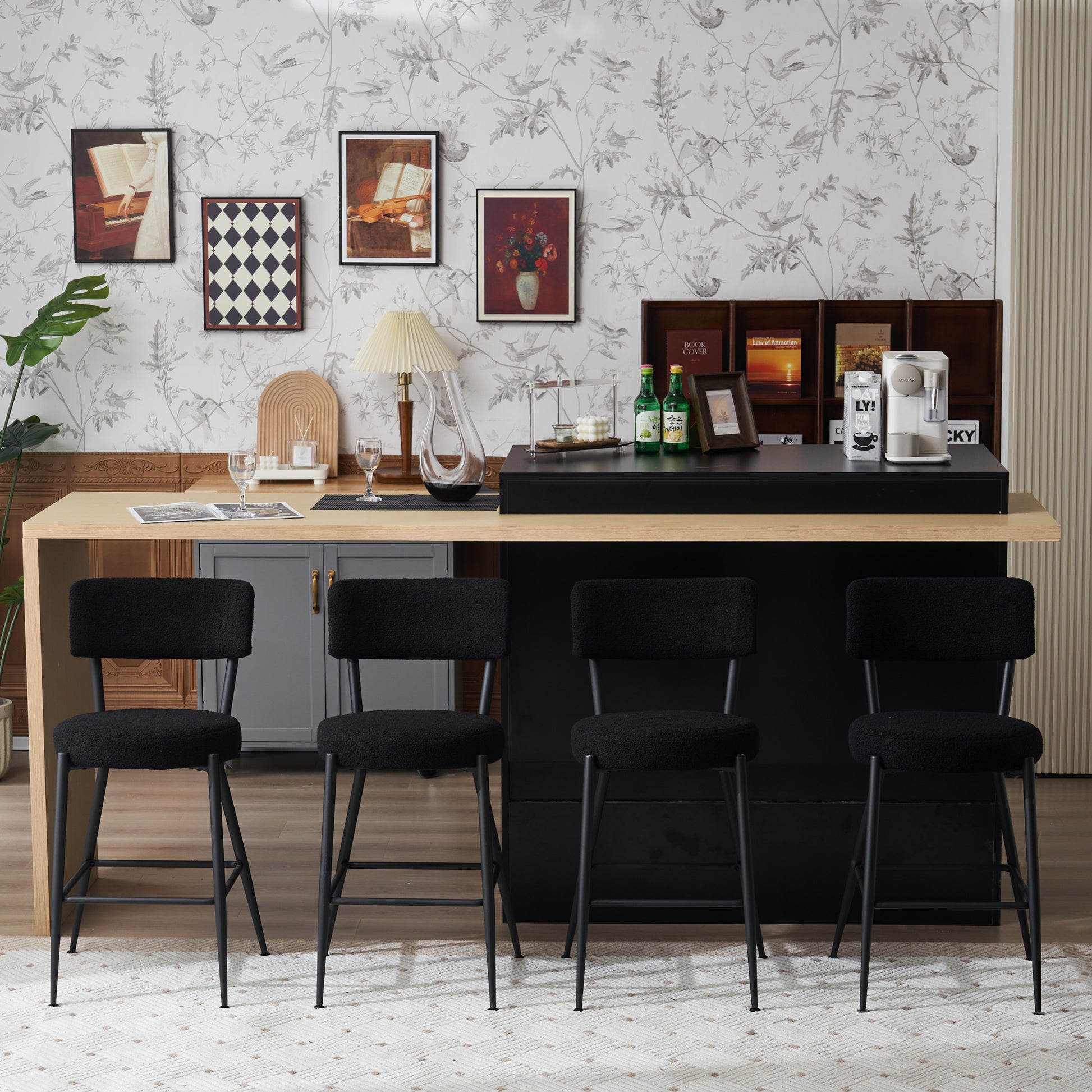 Set Of 4 Modern Teddy Fabric Upholstered Bar Stools Metal Base High Stool Suitable For Kitchen, Dining And Living Room Black Stylish And Comfortable Island Seating Black Metal