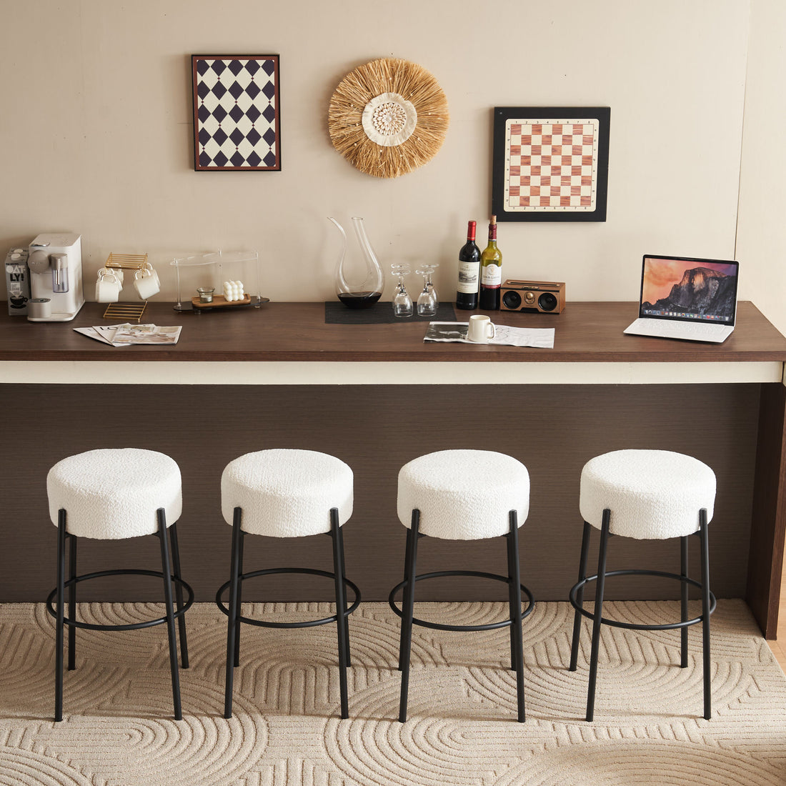 30" Tall, Round High Bar Stools, Set Of 2 Contemporary Upholstered Dining Stools For Kitchens, Coffee Shops And Bar Stores Includes Sturdy Hardware Support Legs Beige Foam