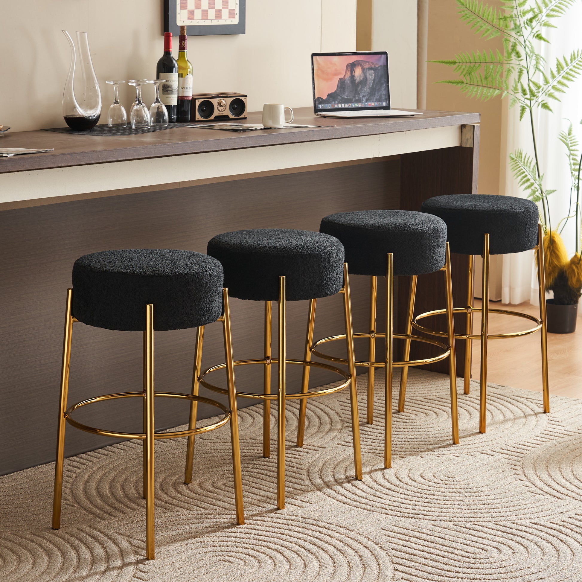30" Tall, Round High Bar Stools, Set Of 2 Contemporary Upholstered Dining Stools For Kitchens, Coffee Shops And Bar Stores Includes Sturdy Hardware Support Legs Black Foam