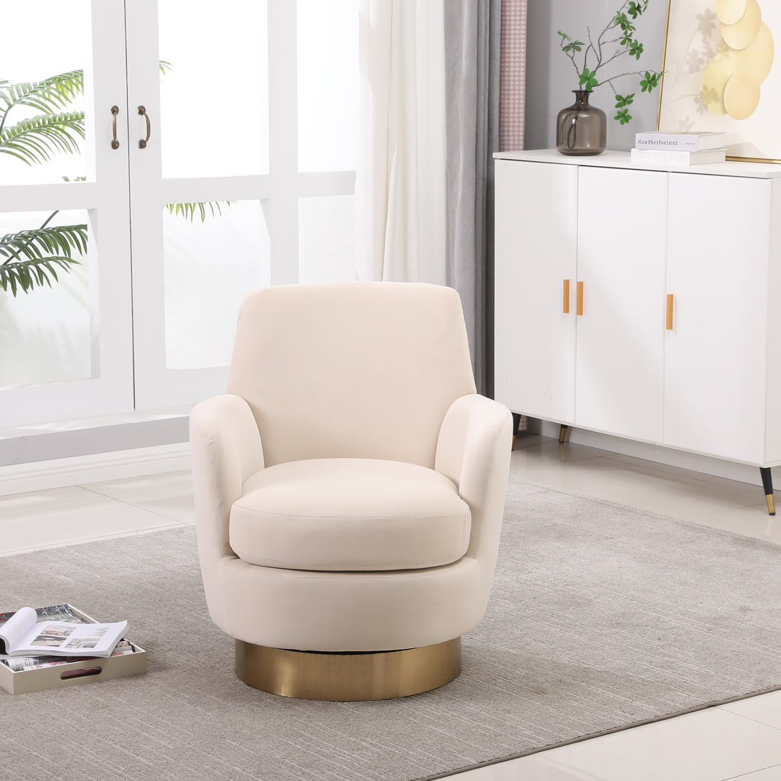 Velvet Swivel Barrel Chair, Swivel Accent Chairs Armchair For Living Room, Reading Chairs For Bedroom Comfy, Round Barrel Chairs With Gold Stainless Steel Base Beige Beige Primary Living Space American Design Foam Velvet