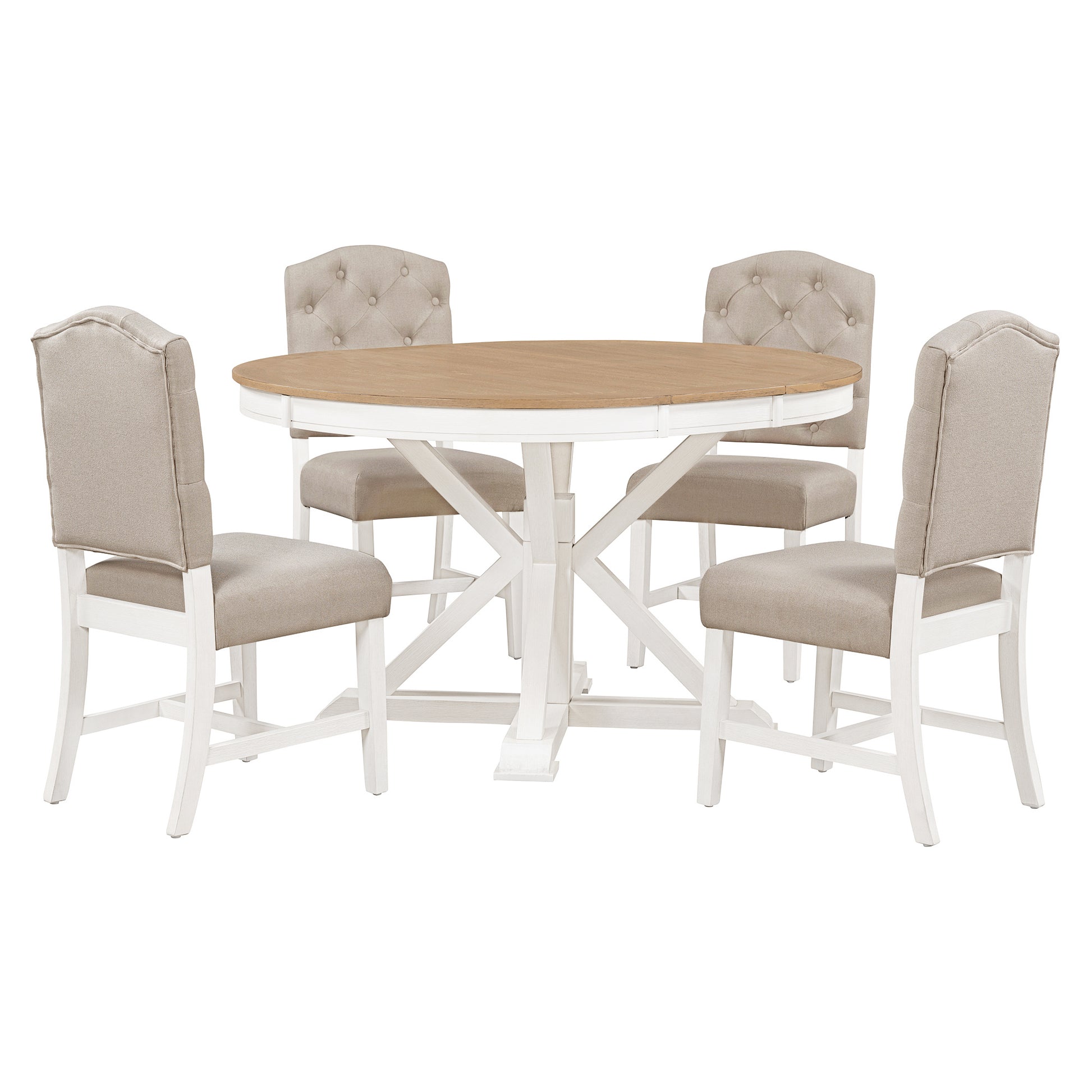 Functional Furniture Retro Style Dining Table Set With Extendable Table And 4 Upholstered Chairs For Dining Room And Living Room Oak Natural Wood Off White Oak Natural Wood Off White Solid Wood