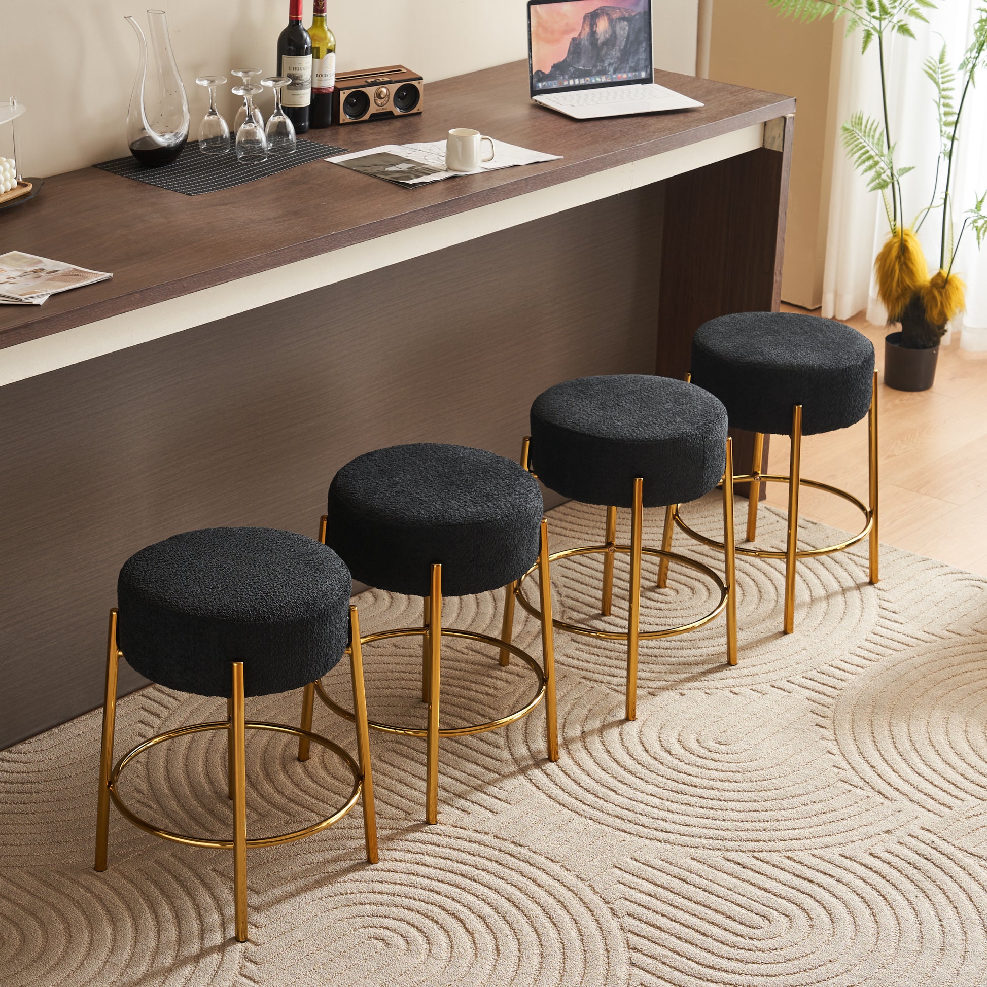 24" Tall, Round Bar Stools, Set Of 2 Contemporary Upholstered Dining Stools For Kitchens, Coffee Shops And Bar Stores Includes Sturdy Hardware Support Legs Black Foam