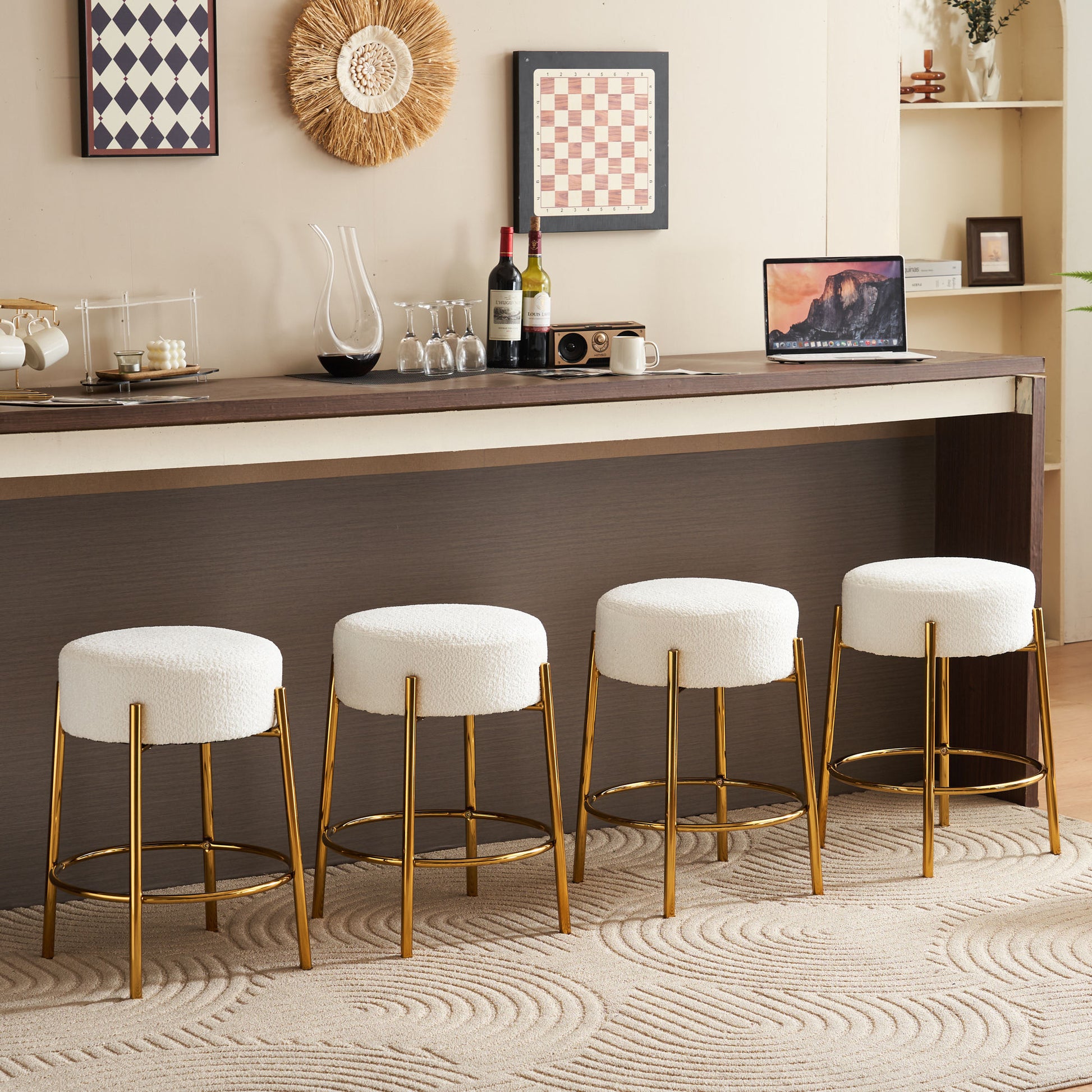 24" Tall, Round Bar Stools, Set Of 2 Contemporary Upholstered Dining Stools For Kitchens, Coffee Shops And Bar Stores Includes Sturdy Hardware Support Legs Beige Foam