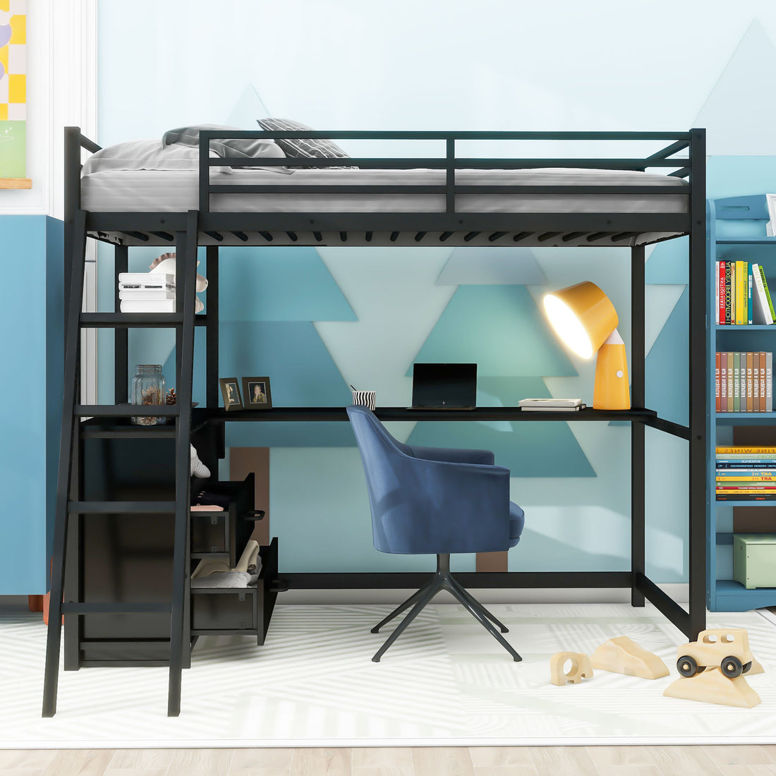Twin Size Metal&Wood Loft Bed With Desk And Shelves, Two Built In Drawers, Black Black Metal & Wood