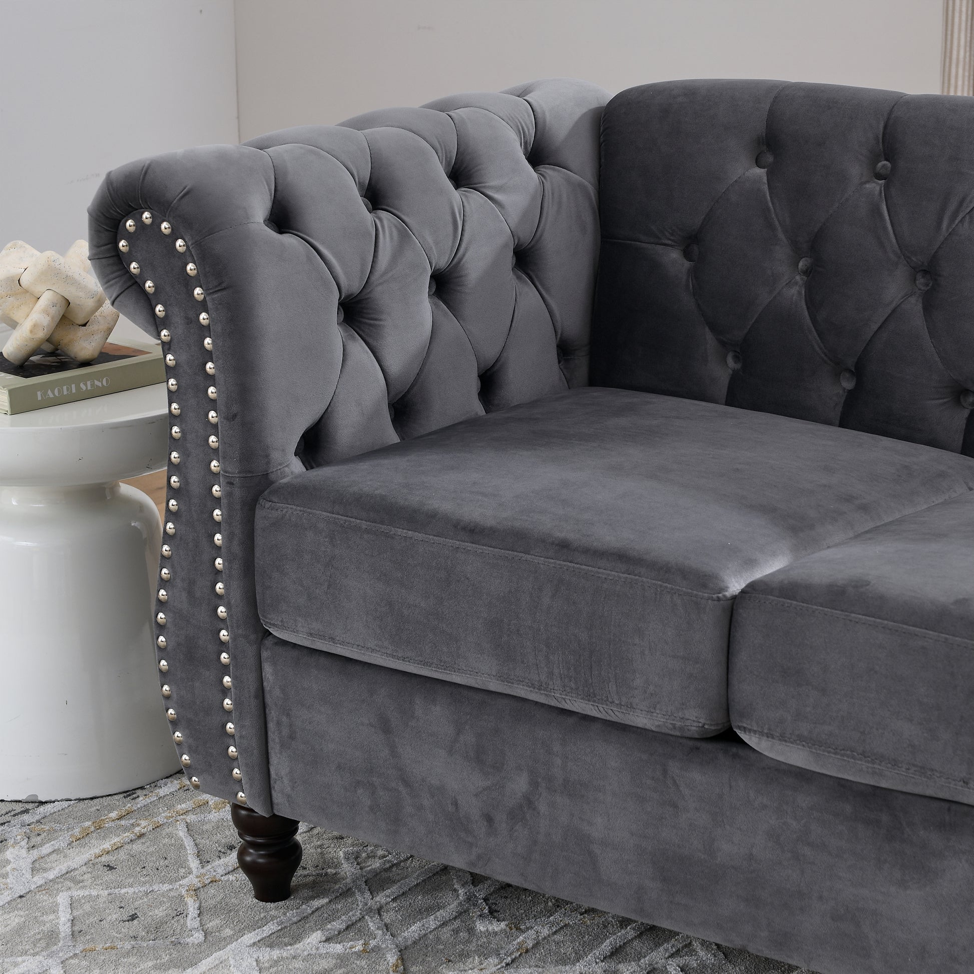 58.8" Chesterfield Sofa Grey Velvet For Living Room, 2 Seater Sofa Tufted Couch With Rolled Arms And For Living Room, Bedroom, Office, Apartment, Two Pillowsw834S00069 Grey Foam Velvet