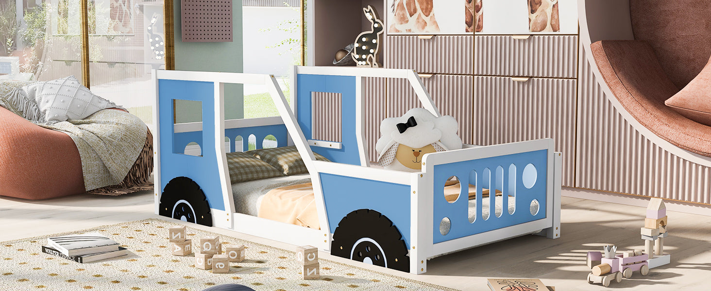 Twin Size Classic Car Shaped Platform Bed With Wheels,Blue Box Spring Not Required Twin Blue Wood Bedroom Bed Frame Pine