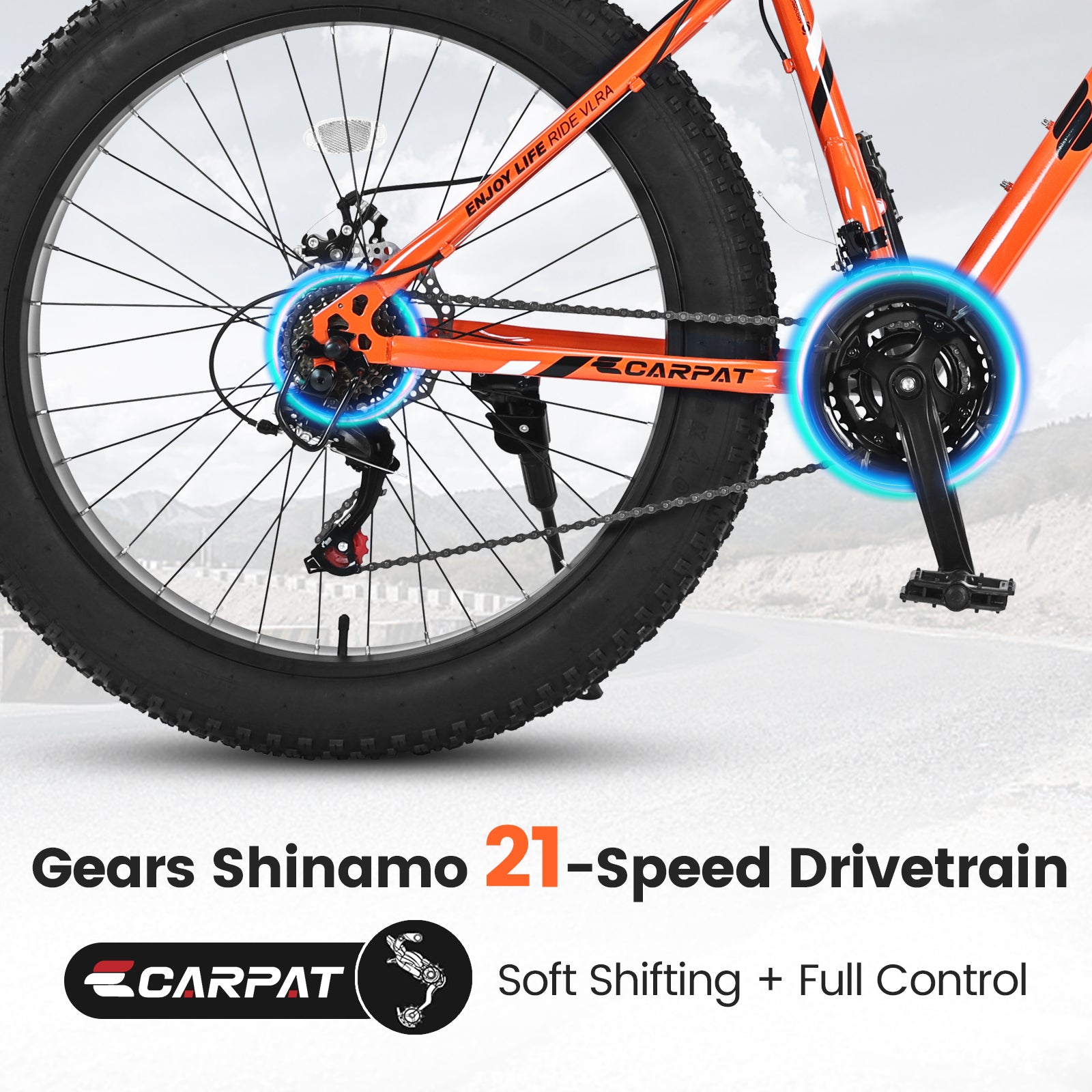 S26109 26 Inch Fat Tire Bike Adult Youth Full Shimano 21 Speed Mountain Bike, Dual Disc Brake, High Carbon Steel Frame, Front Suspension, Mountain Trail Bike, Urban Commuter City Bicycle Cycling Orange Without Anti Slip Garden & Outdoor American Design