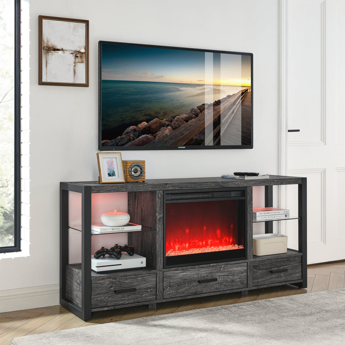 60 Inch Electric Fireplace Media Tv Stand With Sync Colorful Led Lights Dark Rustic Oak Color Powder Coated No Electric Dark Oak Vent Free Primary Living Space Yes Insert Wood Stainless Steel Glass Electric