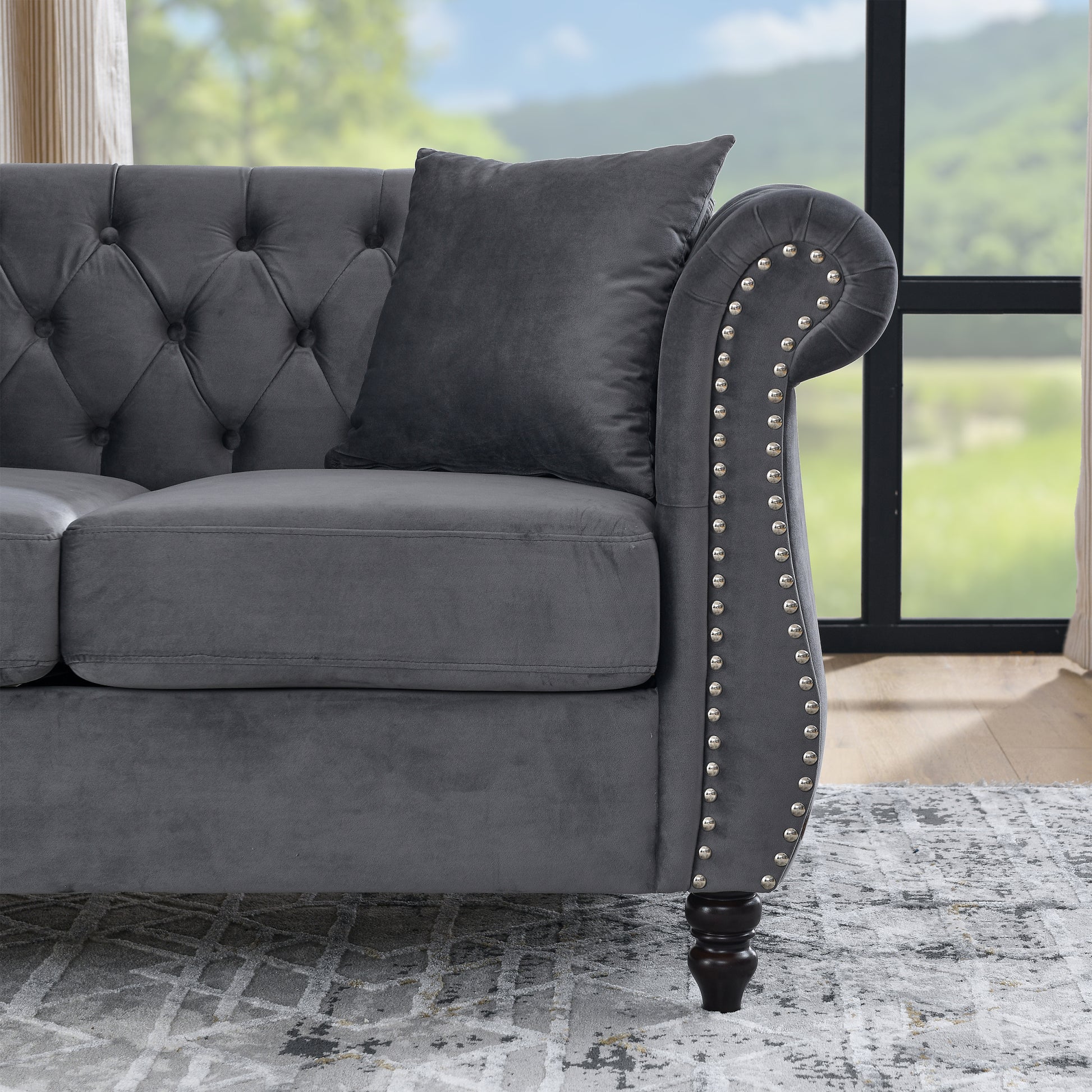 58.8" Chesterfield Sofa Grey Velvet For Living Room, 2 Seater Sofa Tufted Couch With Rolled Arms And For Living Room, Bedroom, Office, Apartment, Two Pillowsw834S00069 Grey Foam Velvet