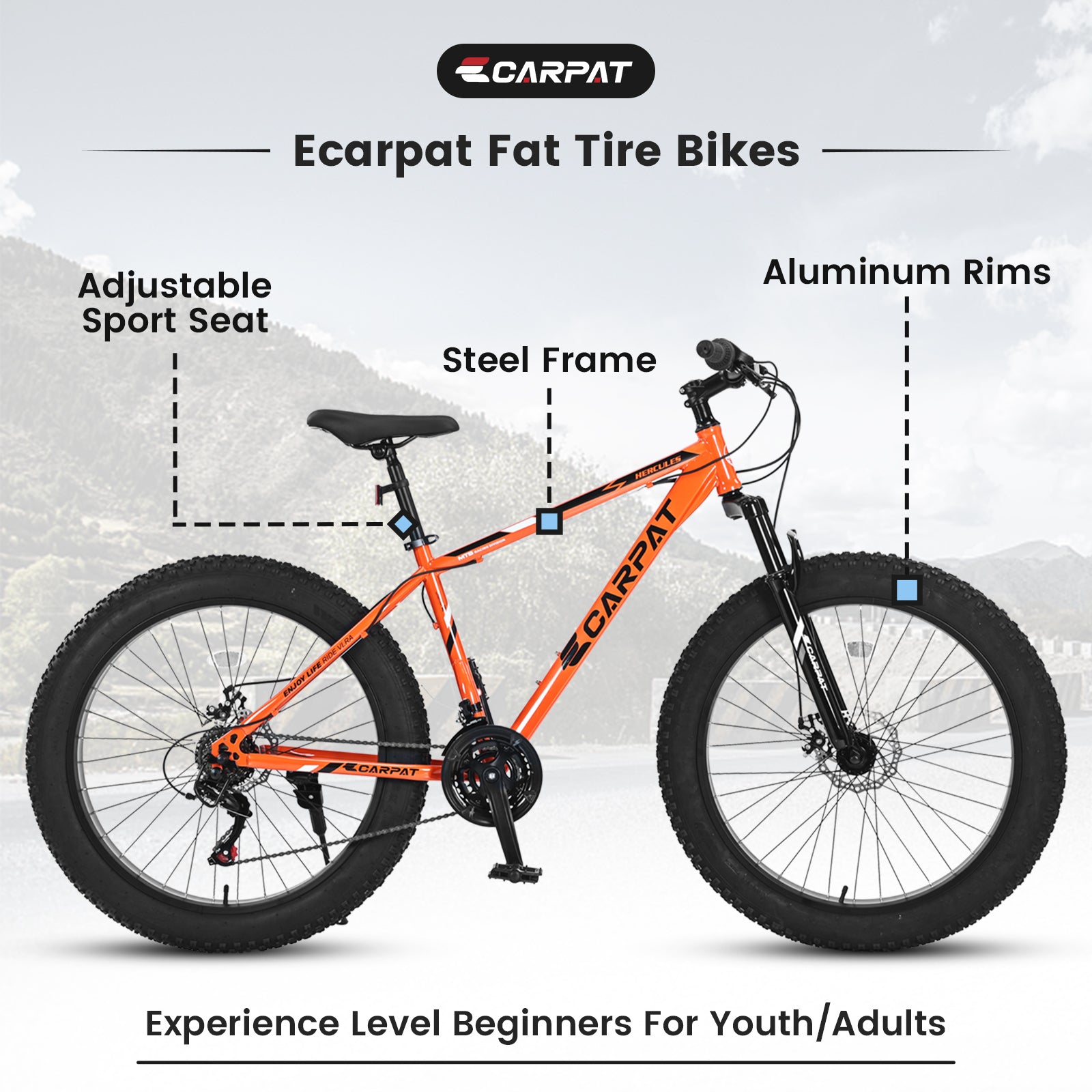 S26109 26 Inch Fat Tire Bike Adult Youth Full Shimano 21 Speed Mountain Bike, Dual Disc Brake, High Carbon Steel Frame, Front Suspension, Mountain Trail Bike, Urban Commuter City Bicycle Cycling Orange Without Anti Slip Garden & Outdoor American Design