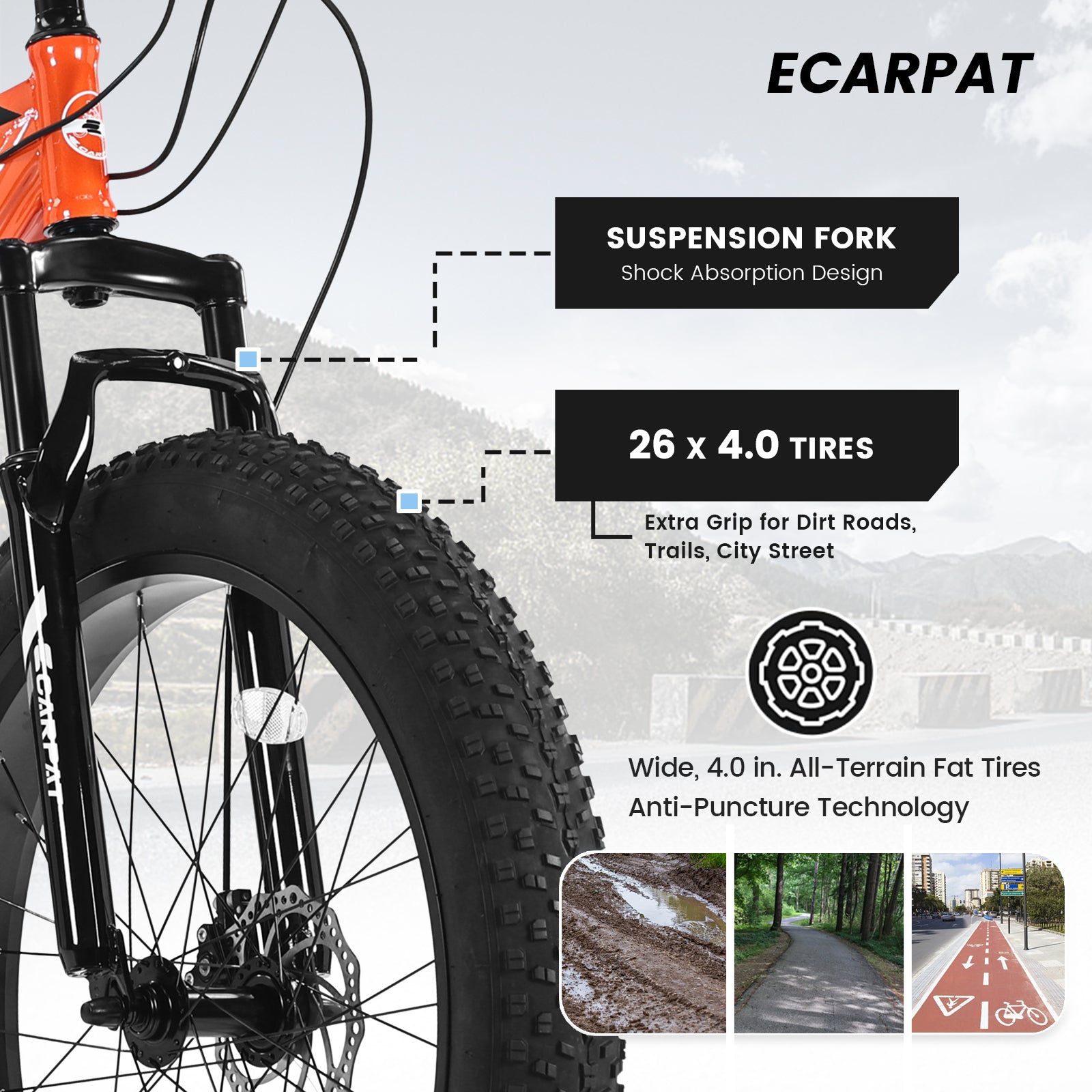 S26109 26 Inch Fat Tire Bike Adult Youth Full Shimano 21 Speed Mountain Bike, Dual Disc Brake, High Carbon Steel Frame, Front Suspension, Mountain Trail Bike, Urban Commuter City Bicycle Cycling Orange Without Anti Slip Garden & Outdoor American Design