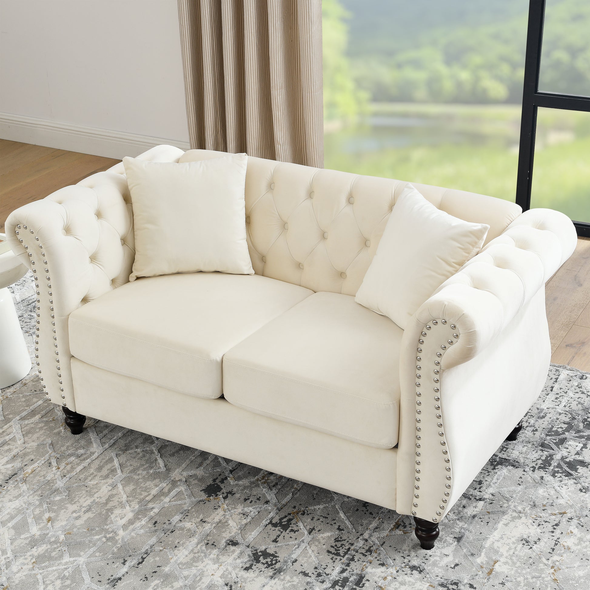 58.8" Chesterfield Sofa Beige Velvet For Living Room, 2 Seater Sofa Tufted Couch With Rolled Arms And For Living Room, Bedroom, Office, Apartment, Two Pillowsw834S00070 Beige Foam Velvet 2 Seat