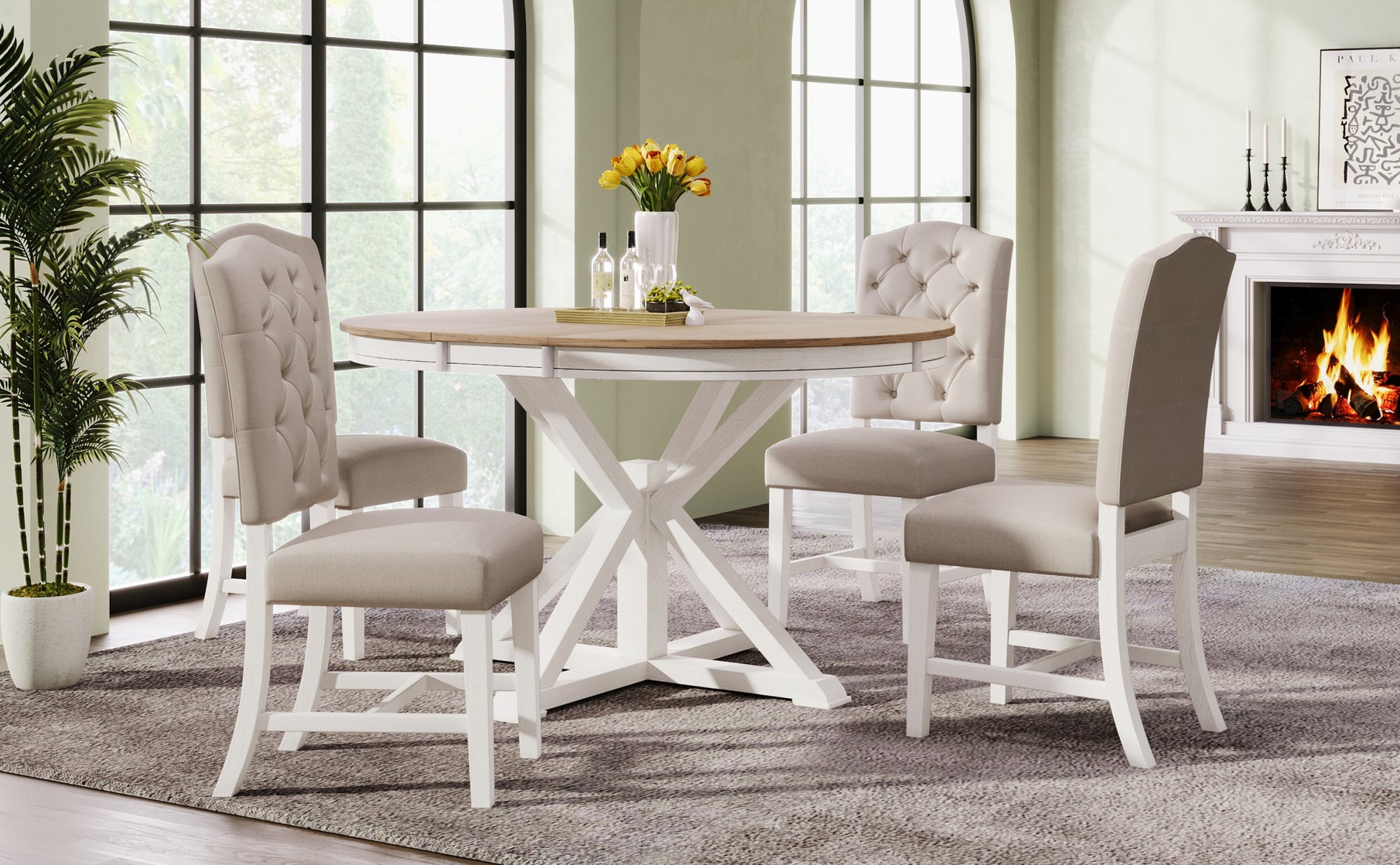 Functional Furniture Retro Style Dining Table Set With Extendable Table And 4 Upholstered Chairs For Dining Room And Living Room Oak Natural Wood Off White Oak Natural Wood Off White Solid Wood