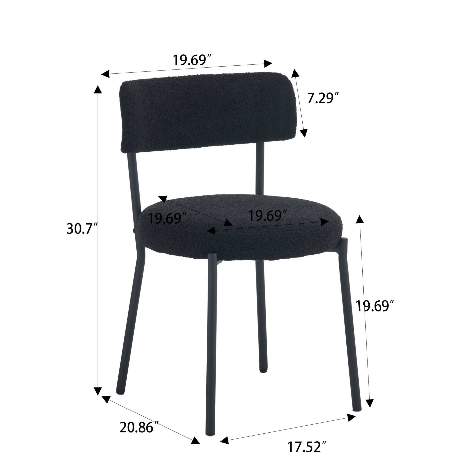 Set Of 2 Mid Century Modern Dining Chairs Teddy Fabric Upholstery Curved Back Metal Frame Black Elegant And Comfortable Kitchen Chairs Black Metal