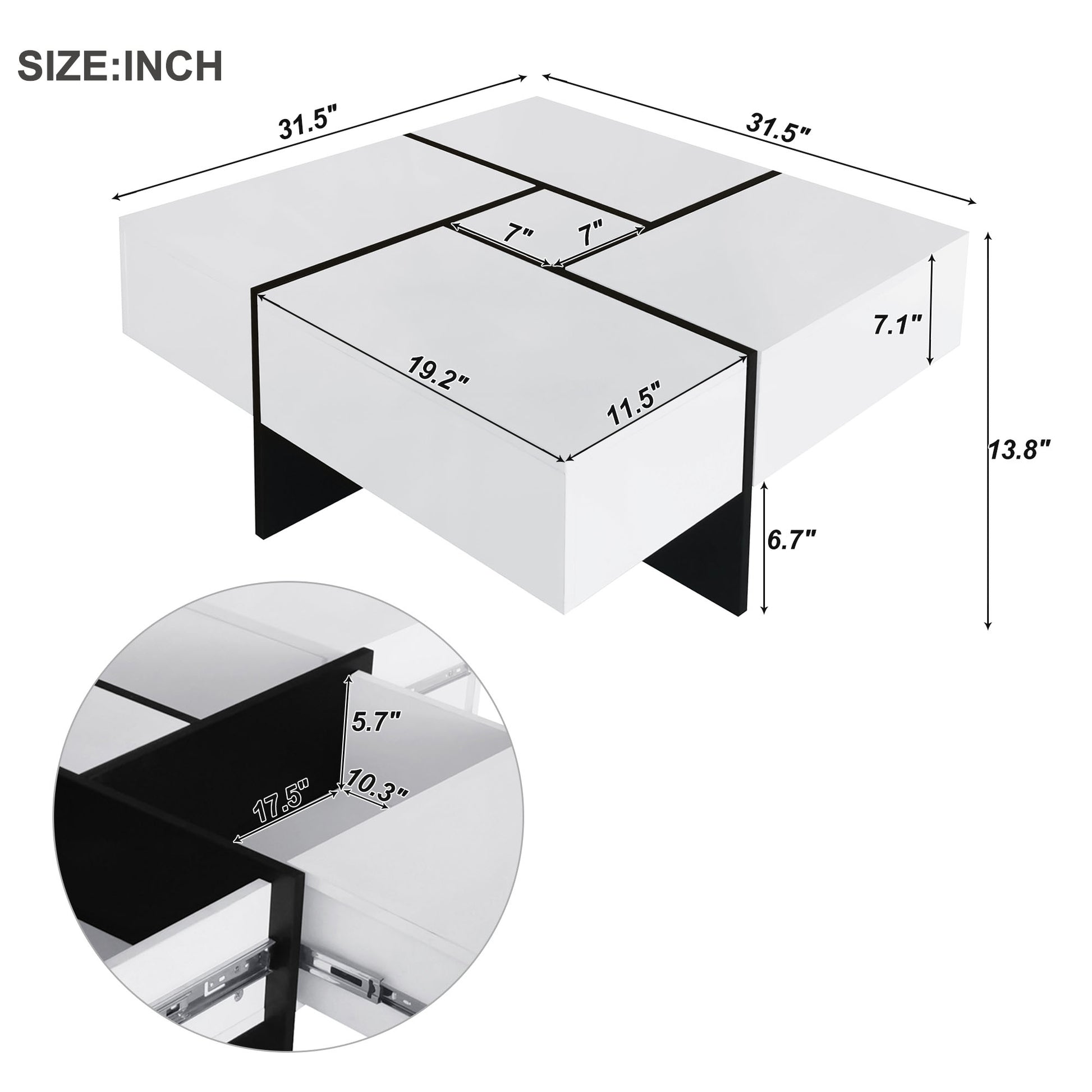Unique Design Coffee Table With 4 Hidden Storage Compartments, Square Cocktail Table With Extendable Sliding Tabletop, Uv High Gloss Design Center Table For Living Room, 31.5"X 31.5" White Soft Close Drawers Primary Living Space Freestanding Square