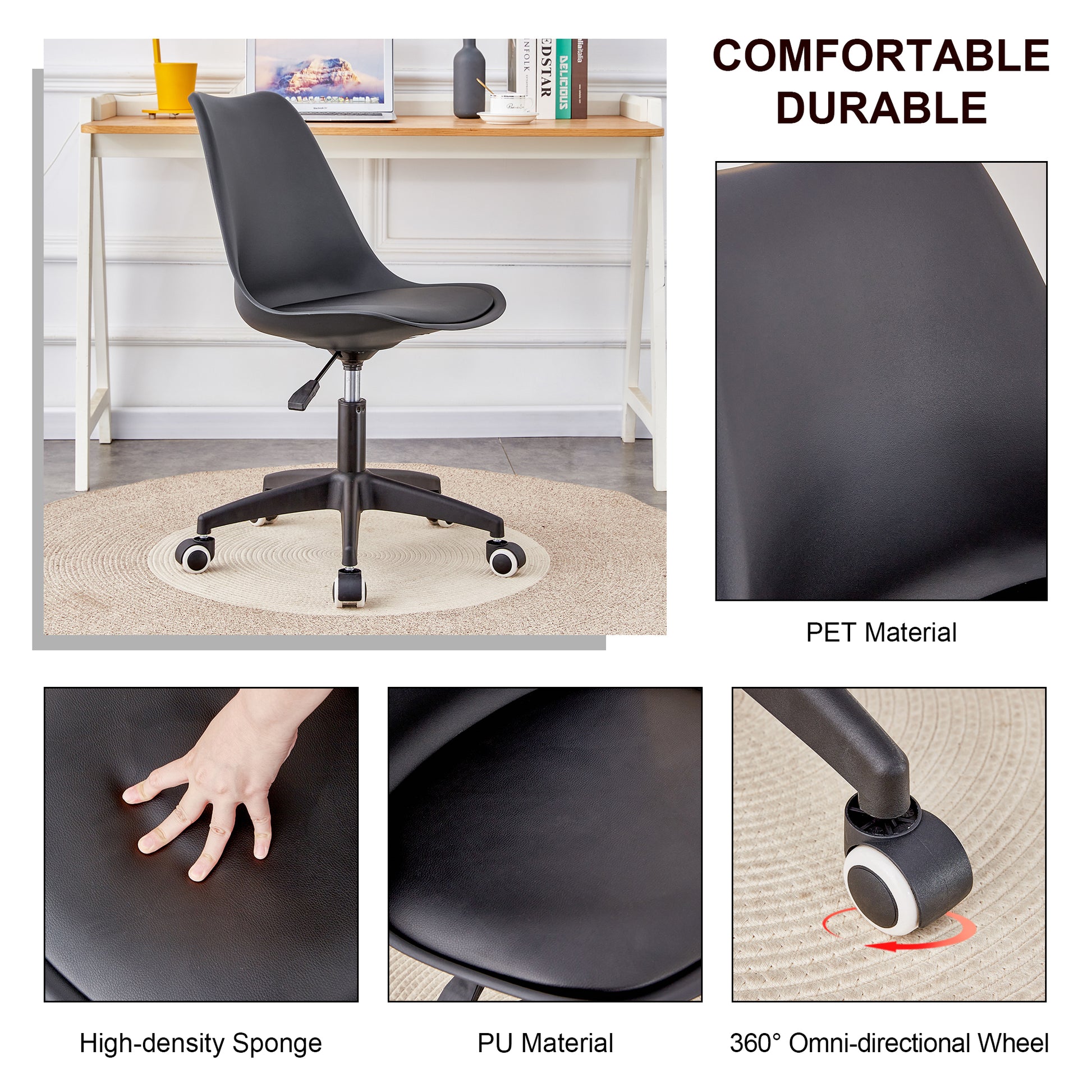 Modern Family Black Office Chair, Adjustable 360 Swivel Chair Engineering Plastic Armless Swivel Computer Chair, Suitable For Living Room, Bedroom, Office, Hotel Dining Room Black Plastic