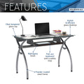 Techni Mobili Contempo Clear Glass Top Computer Desk With Pull Out Keyboard Panel, Clear White Steel Glass