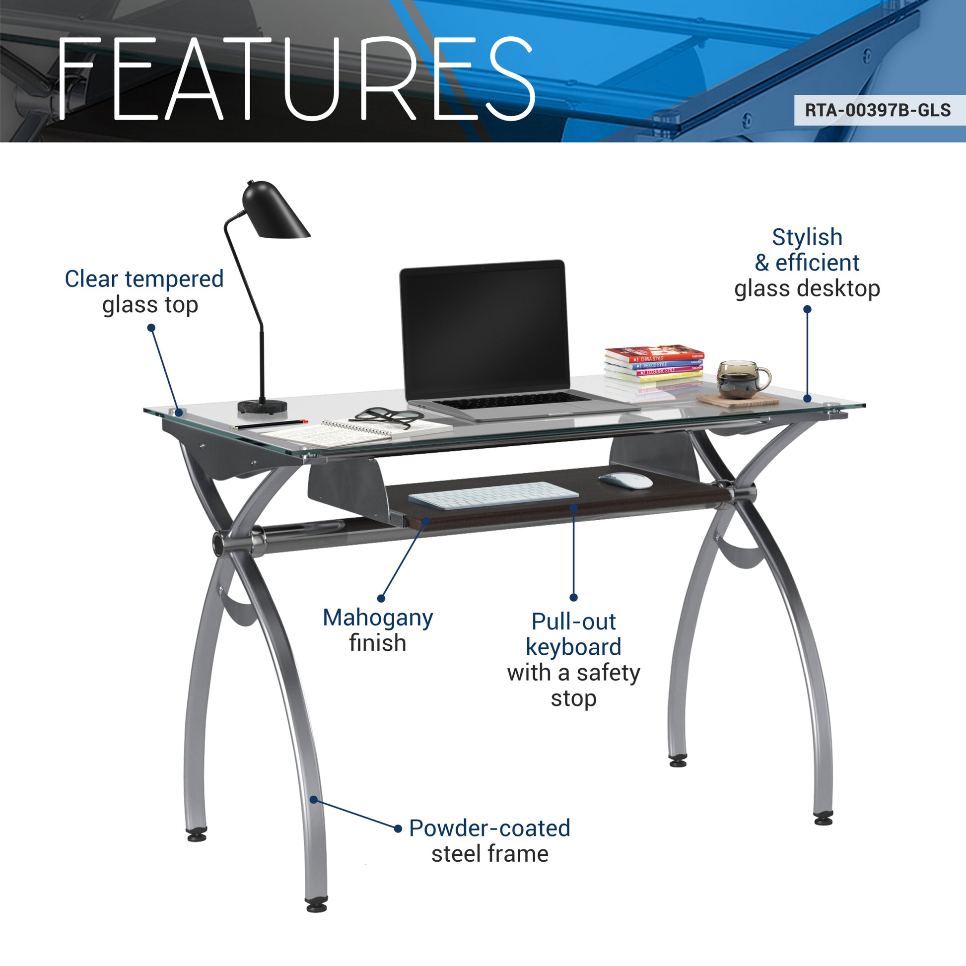 Techni Mobili Contempo Clear Glass Top Computer Desk With Pull Out Keyboard Panel, Clear White Steel Glass