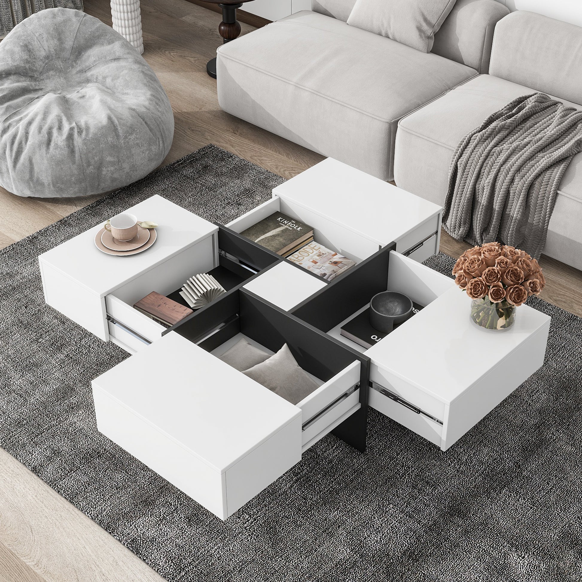 Unique Design Coffee Table With 4 Hidden Storage Compartments, Square Cocktail Table With Extendable Sliding Tabletop, Uv High Gloss Design Center Table For Living Room, 31.5"X 31.5" White Soft Close Drawers Primary Living Space Freestanding Square