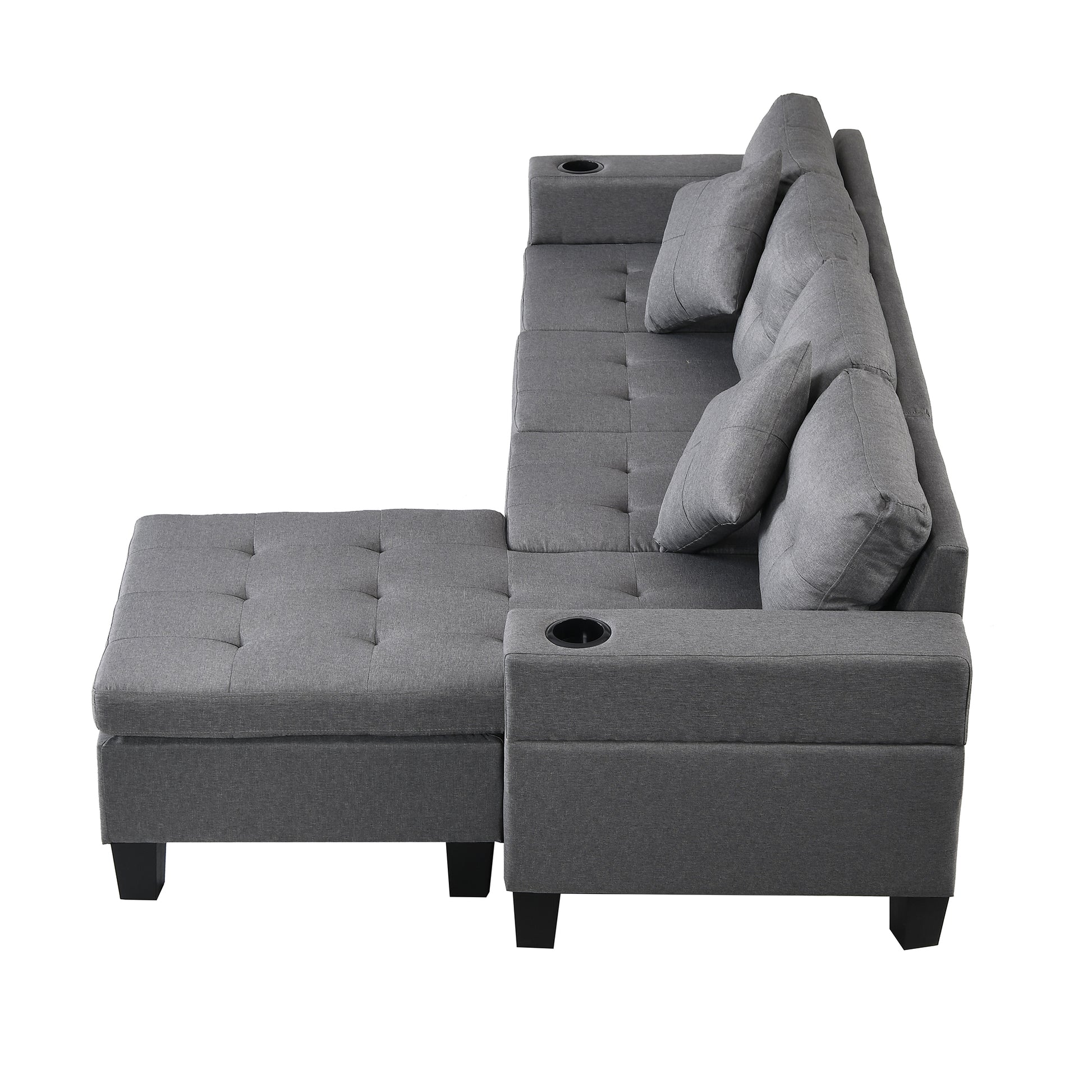 Sectional Sofa Set For Living Room With L Shape Chaise Lounge ,Cup Holder And Left Or Right Hand Chaise Modern 4 Seat Grey Fabric