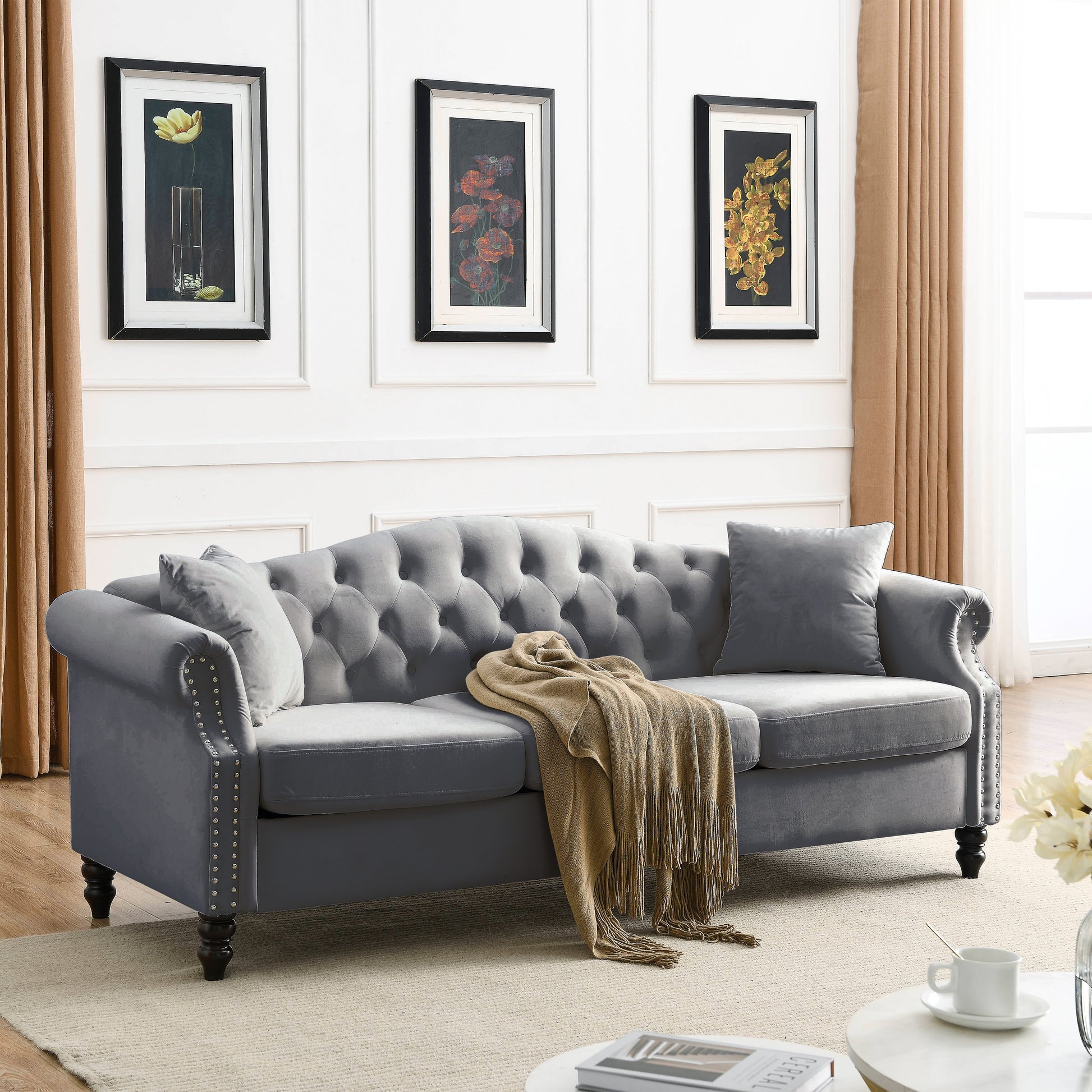 3 Seater 3 Seater Combination Sofa.Grey Velvet W834S00064 Grey Foam Velvet