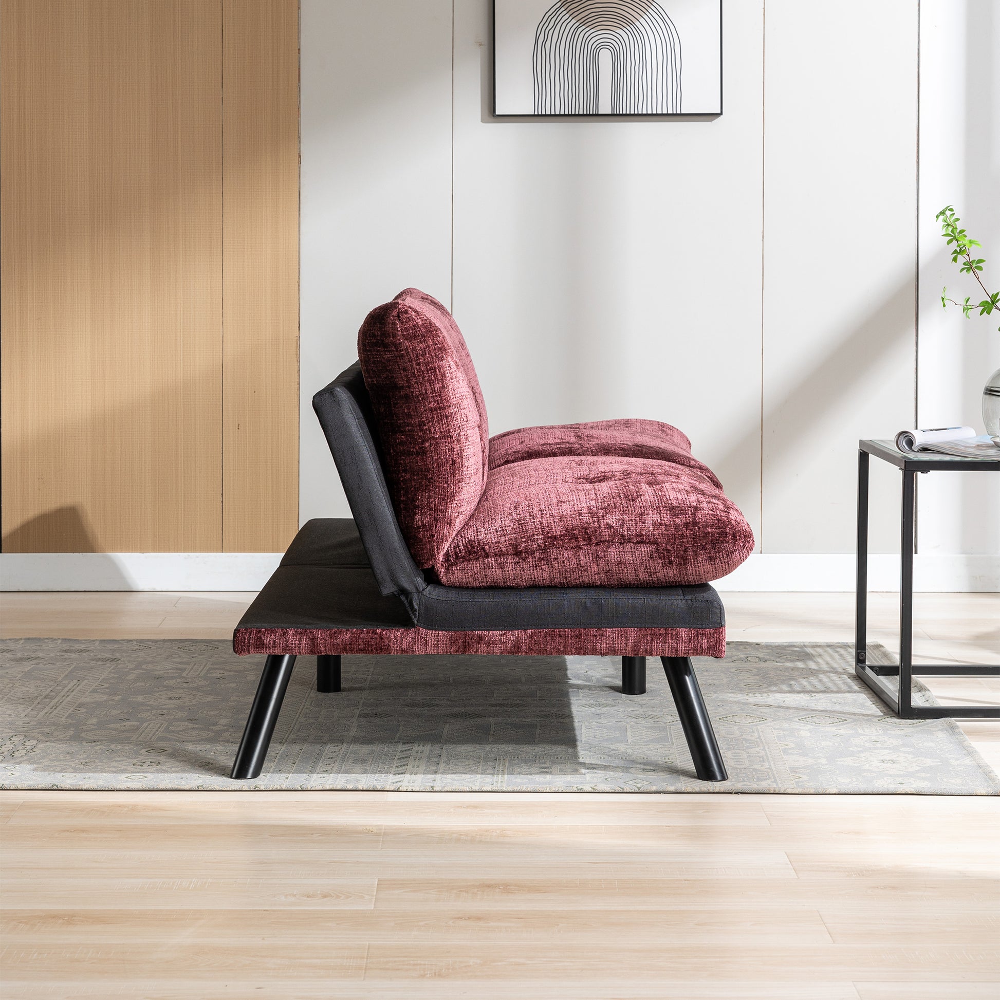 Convertible Sofa Bed Loveseat Futon Bedadjustable Lounge Couch With Metal Legs,Futon Sets For Compact Living Space Chenille Wine Red Wine Red Upholstered