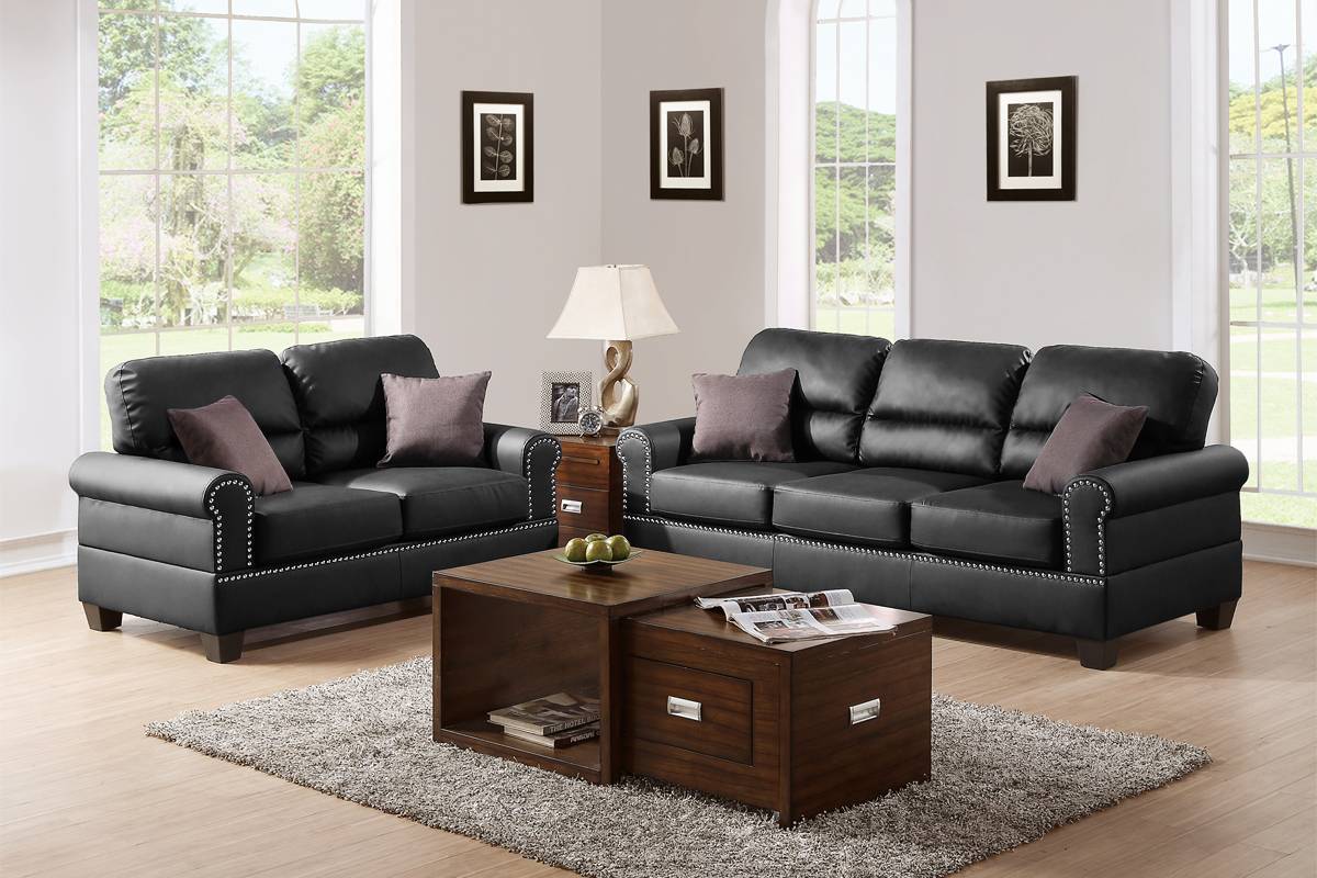 Black Bonded Leather 2Pc Sofa Set Sofa And Loveseat Living Room Furniture Black Faux Leather Wood Primary Living Space Cushion Back Contemporary,Modern Rolled Arms Bonded Leather 5 Seat