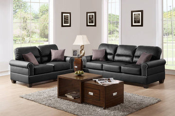 Black Bonded Leather 2Pc Sofa Set Sofa And Loveseat Living Room Furniture Black Faux Leather Wood Primary Living Space Cushion Back Contemporary,Modern Rolled Arms Bonded Leather 5 Seat