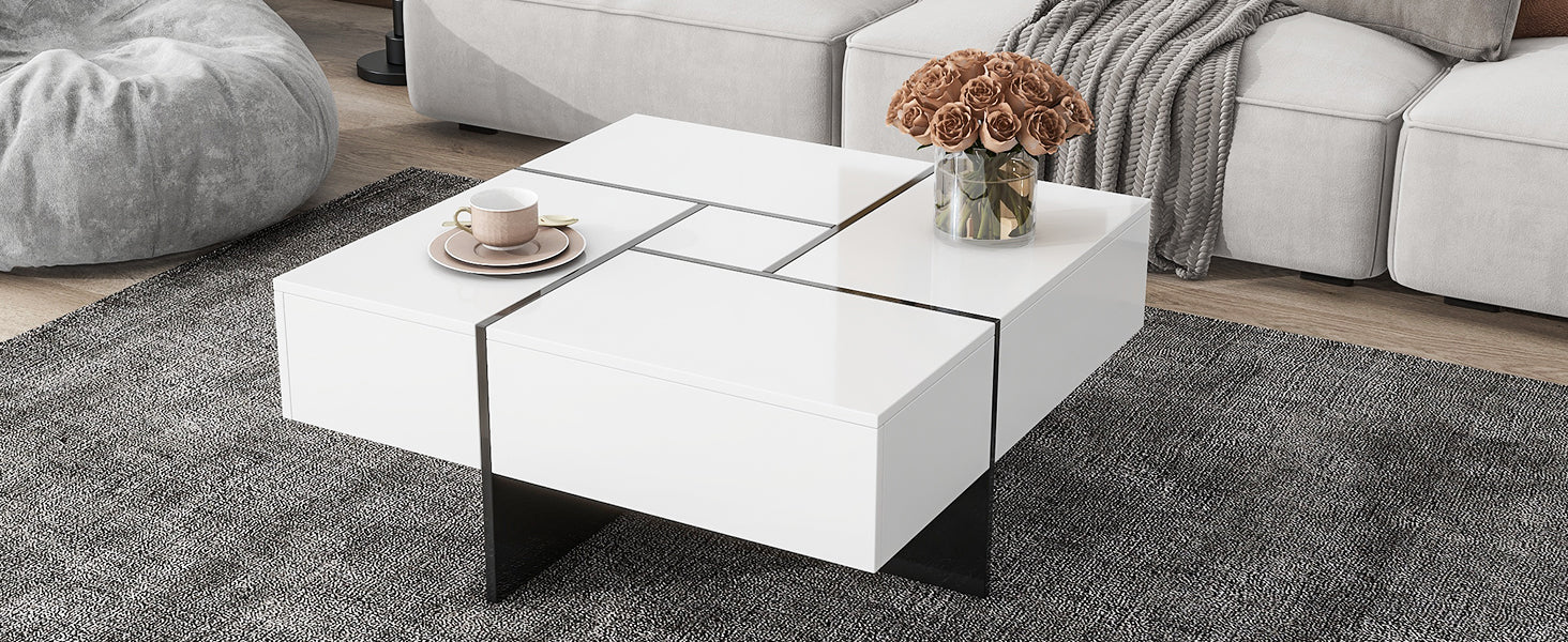 Unique Design Coffee Table With 4 Hidden Storage Compartments, Square Cocktail Table With Extendable Sliding Tabletop, Uv High Gloss Design Center Table For Living Room, 31.5"X 31.5" White Soft Close Drawers Primary Living Space Freestanding Square