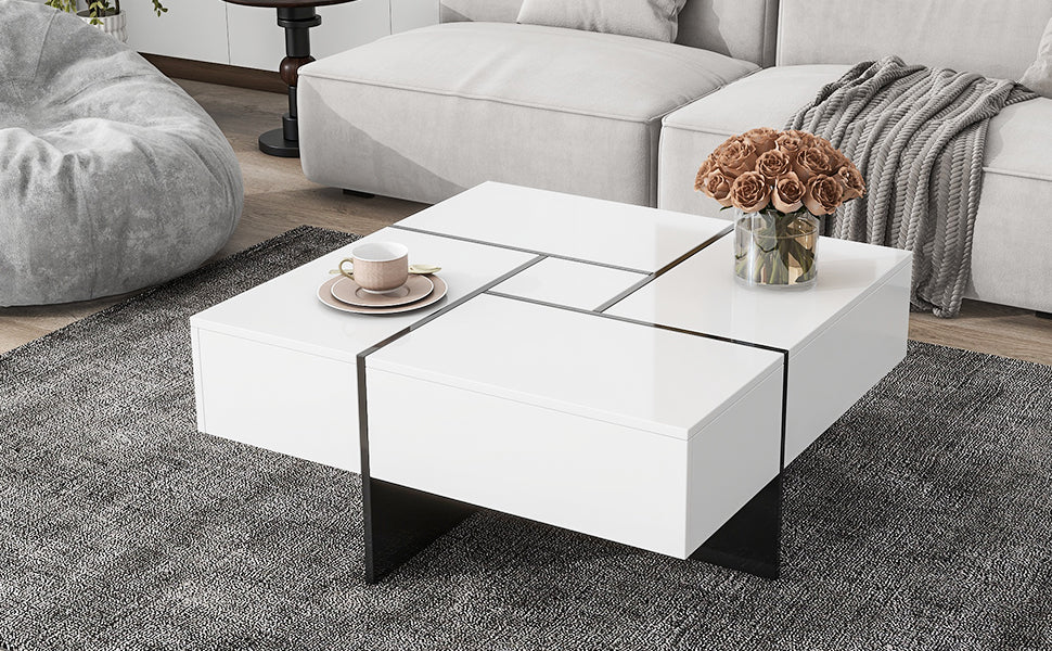 Unique Design Coffee Table With 4 Hidden Storage Compartments, Square Cocktail Table With Extendable Sliding Tabletop, Uv High Gloss Design Center Table For Living Room, 31.5"X 31.5" White Soft Close Drawers Primary Living Space Freestanding Square