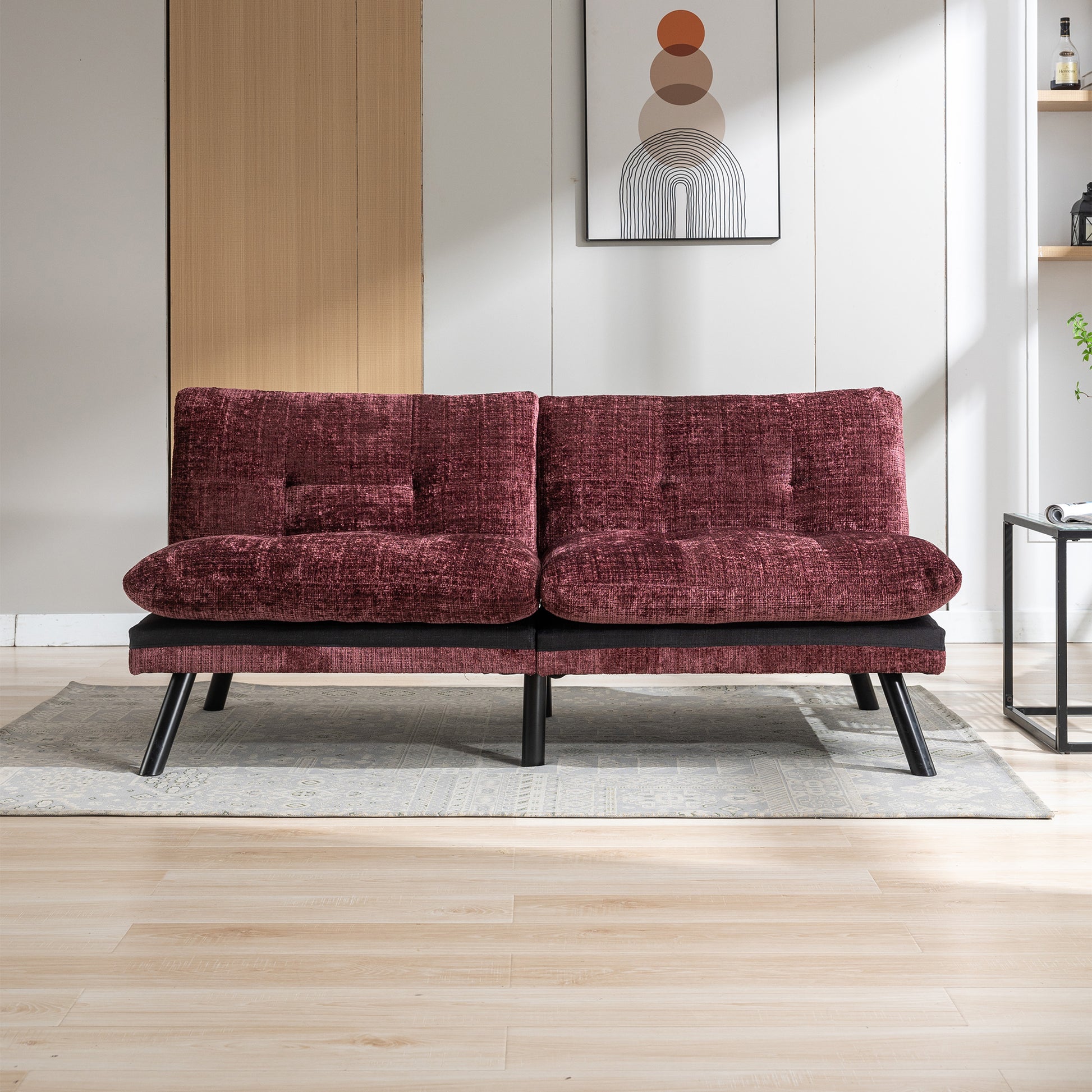 Convertible Sofa Bed Loveseat Futon Bedadjustable Lounge Couch With Metal Legs,Futon Sets For Compact Living Space Chenille Wine Red Wine Red Upholstered