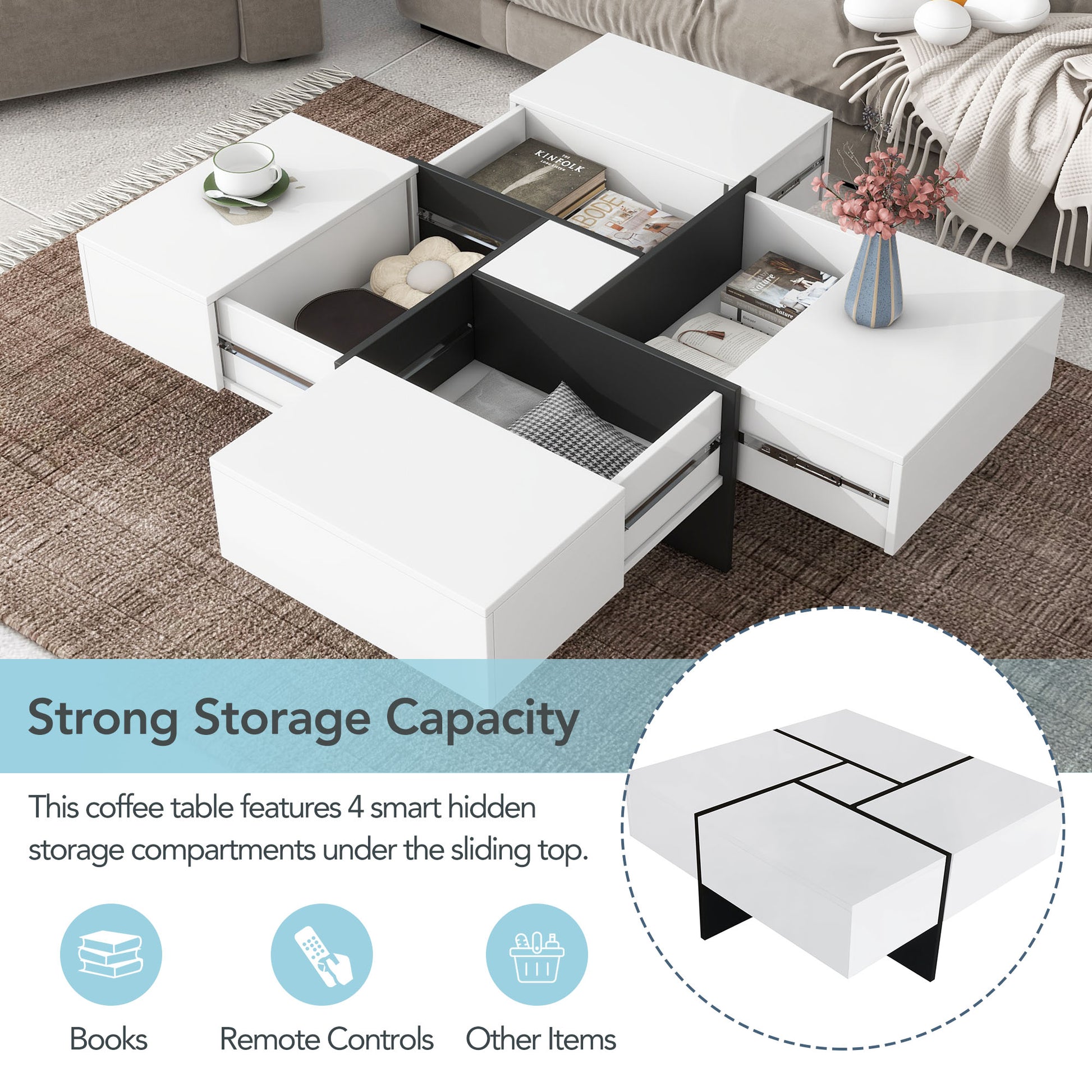 Unique Design Coffee Table With 4 Hidden Storage Compartments, Square Cocktail Table With Extendable Sliding Tabletop, Uv High Gloss Design Center Table For Living Room, 31.5"X 31.5" White Soft Close Drawers Primary Living Space Freestanding Square