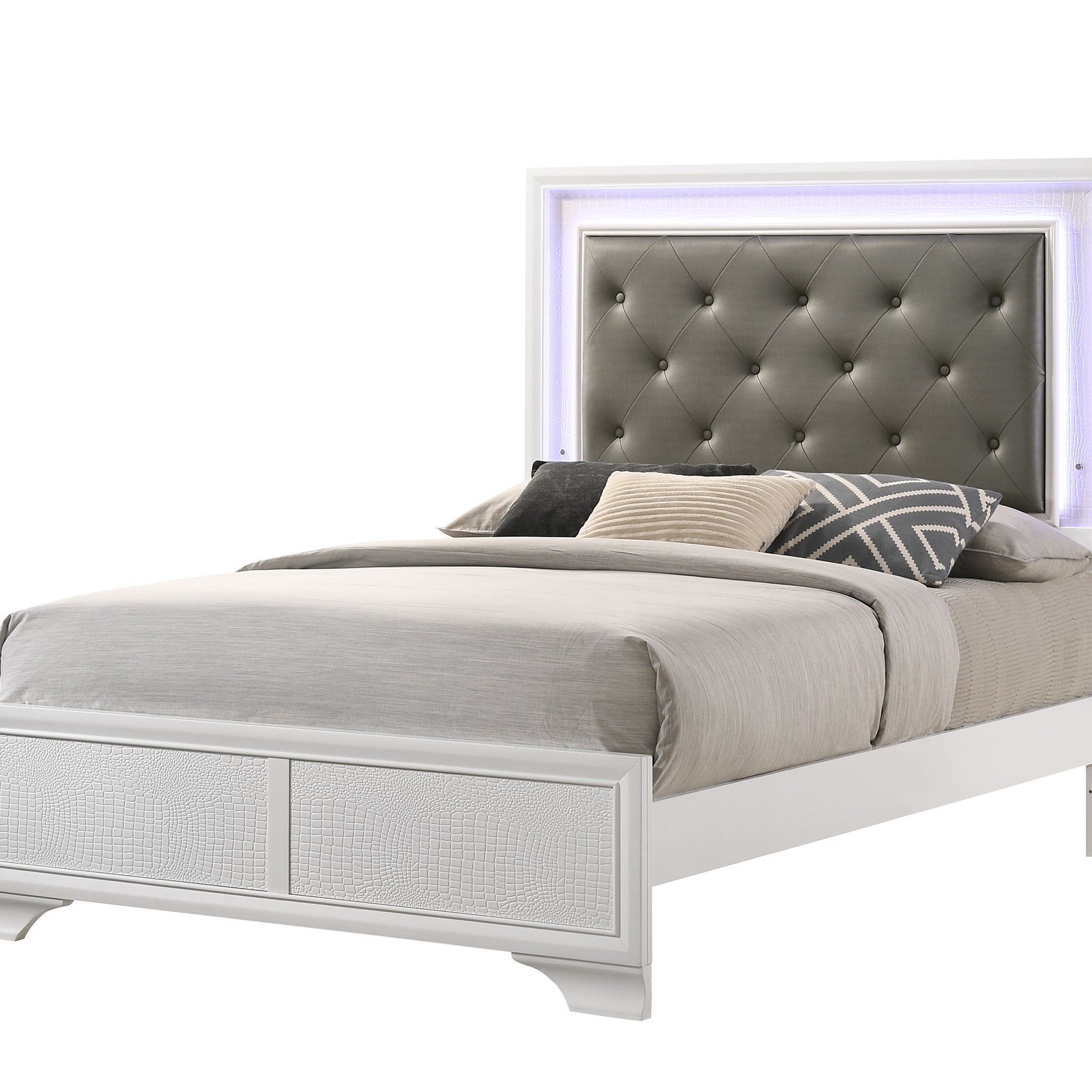 Modern White Crocodile Skin Finish Upholstered 1Pc Twin Size Youth Led Panel Bed Faux Diamond Tufted Bedroom Furniture White Solid Wood
